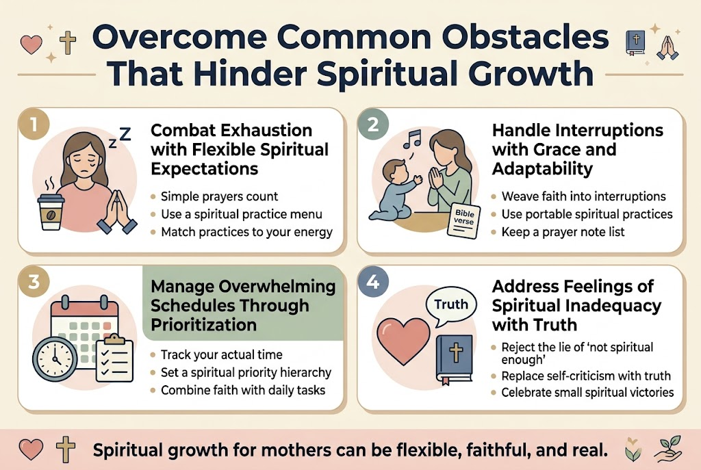 Create a clean, modern full-bleed infographic in a 3:2 aspect ratio with a warm family-friendly color palette of soft cream, sky blue, sage green, warm gold, and coral accents. Use bold sans-serif typography for the title and clear readable sans-serif body text. Layout should be wide and organized in four horizontal sections across the page, with a strong title bar at the top and four evenly spaced content blocks below. Include small illustrated icons beside each section heading.

Top title bar, large bold text centered:
“Involve Your Children in Your Spiritual Journey”

Below the title, create four numbered sections in a 2x2 grid with rounded rectangles, each with a distinct icon and short body text:

1. Top-left section with a small family prayer icon (parents and child with hands together):
“Teach Children to Pray Together as a Family”
“• Keep prayers short and simple”
“• Use prompts like ‘God, thank you for...’ and ‘God, please help...’”
“• Let each child share gratitude or worries”
“• Pray during breakfast or bedtime routines”

2. Top-right section with a Bible story play icon (open book, toy blocks, stuffed animal, rainbow):
“Share Age-Appropriate Bible Stories During Playtime”
“• Tell Bible stories during coloring, bath time, and play”
“• Use toys, dolls, play dough, and picture books”
“• Connect stories to everyday moments”
“• Let excitement and wonder lead the way”

3. Bottom-left section with a heart-and-light icon (heart, prayer hands, gentle glow):
“Model Faithful Living Through Everyday Actions”
“• Pray before meals”
“• Speak kindly and choose forgiveness”
“• Say: ‘I’m feeling frustrated right now, so I’m going to take a deep breath and ask God to help me be patient.’”
“• Show that faith means turning to God, not being perfect”

4. Bottom-right section with a family traditions icon (calendar, candle, pancakes, walking path, gratitude journal):
“Create Family Worship Traditions and Rituals”
“• Sunday morning pancakes with devotion”
“• Bedtime blessings for each child”
“• Weekly walks, seasonal prayers, and service projects”
“• Holiday traditions like Advent kindness, Easter sunrise prayers, and Thanksgiving gratitude journals”

Add a slim bottom banner with a small checkmark icon and centered text:
“Consistency matters more than complexity”

Use clean spacing, subtle dividers, soft shadowed cards, and simple friendly illustrations. Keep the design airy, polished, and easy to read, with strong visual hierarchy and no extra text.