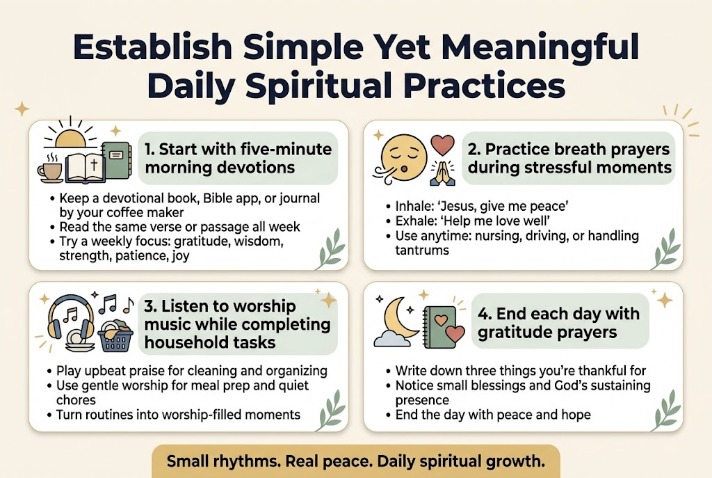 Create a full-bleed 3:2 infographic illustration in a clean modern Christian lifestyle style, with a soft warm color palette of cream, sage green, dusty blue, and muted gold, using bold sans-serif typography for headings and a readable sans-serif for body text. Place a large title across the top center in dark navy:

"Establish Simple Yet Meaningful Daily Spiritual Practices"

Below the title, arrange four wide horizontal sections in a 2x2 grid or flowing left-to-right blocks, each with a distinct icon and numbered heading. Use clear spacing, rounded cards, subtle shadows, and small decorative accents like stars, leaves, and gentle rays. Include simple line icons with flat color fills.

Section 1, top left: a sunrise, coffee cup, open Bible, and notebook icon.
Heading text:
"1. Start with five-minute morning devotions"
Body text in 2–3 short lines:
"• Keep a devotional book, Bible app, or journal by your coffee maker"
"• Read the same verse or passage all week"
"• Try a weekly focus: gratitude, wisdom, strength, patience, joy"

Section 2, top right: a breathing face, heart, and tiny prayer hands icon.
Heading text:
"2. Practice breath prayers during stressful moments"
Body text in 2–3 short lines:
"• Inhale: 'Jesus, give me peace'"
"• Exhale: 'Help me love well'"
"• Use anytime: nursing, driving, or handling tantrums"

Section 3, bottom left: headphones, music notes, laundry basket, and dishes icon.
Heading text:
"3. Listen to worship music while completing household tasks"
Body text in 2–3 short lines:
"• Play upbeat praise for cleaning and organizing"
"• Use gentle worship for meal prep and quiet chores"
"• Turn routines into worship-filled moments"

Section 4, bottom right: moon, notebook, and heart icon.
Heading text:
"4. End each day with gratitude prayers"
Body text in 2–3 short lines:
"• Write down three things you're thankful for"
"• Notice small blessings and God's sustaining presence"
"• End the day with peace and hope"

Add a short bottom banner across the full width with a soft gold background and dark navy text:
"Small rhythms. Real peace. Daily spiritual growth."

Keep the layout airy, balanced, and professional, with strong visual hierarchy, clear section numbering, and no extra text beyond the words shown above.