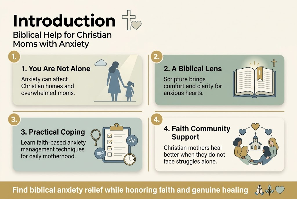 Create a clean, professional full-bleed infographic illustration in a 3:2 landscape aspect ratio, with a soft warm Christian-inspired color palette of cream, muted sage, dusty blue, and gentle gold accents. Use modern sans-serif fonts with a bold, clear heading at the top left.
Top header area:
Large bold title text: "Introduction"
Subtitle text beneath: "Biblical Help for Christian Moms with Anxiety"
Add a subtle icon near the title: a simple line-art cross combined with a heart.
Main layout: wide horizontal 4-section infographic with 2 sections on the top row and 2 sections on the bottom row, each in rounded rectangular blocks with soft shadows and clear spacing.
Section 1, top left:
Heading text: "1. You Are Not Alone"
Body text: "Anxiety can affect Christian homes and overwhelmed moms."
Visual: a calm mom silhouette holding a child’s hand, with a small cloud and a gentle light beam.
Section 2, top right:
Heading text: "2. A Biblical Lens"
Body text: "Scripture brings comfort and clarity for anxious hearts."
Visual: an open Bible with a glowing verse bookmark and a small cross icon.
Section 3, bottom left:
Heading text: "3. Practical Coping"
Body text: "Learn faith-based anxiety management techniques for daily motherhood."
Visual: a checklist clipboard with a prayer bead icon, a breathing wave icon, and a small clock.
Section 4, bottom right:
Heading text: "4. Faith Community Support"
Body text: "Christian mothers heal better when they do not face struggles alone."
Visual: a circle of supportive women with a church building and connected heart icons.
Bottom banner strip across the full width:
Bold text: "Find biblical anxiety relief while honoring faith and genuine healing"
Add a small supporting icon set: praying hands, leaf, and a heart.
Design details:
Use clear hierarchy with the title largest, section headings medium-bold, and body text smaller and highly legible. Include numbered badges in gold circles for each section. Use thin gold divider lines between sections. Keep the composition airy, balanced, and wide, with no vertical poster framing. Include only the exact text shown above.