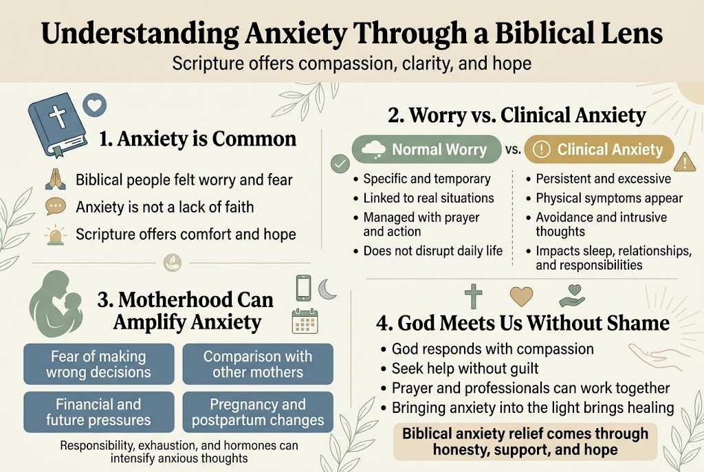 Create a full-bleed infographic illustration in a 3:2 aspect ratio with a clean, professional Christian wellness design. Use a soft cream background with muted sage green, dusty blue, warm beige, and gentle gold accents. Use modern sans-serif fonts with a bold serif or semi-serif title. No border frame. Layout should be wide and horizontal, with a strong top header and four evenly spaced content sections across the page, using icons and simple dividers.
Top center headline in large bold text:
"Understanding Anxiety Through a Biblical Lens"
Directly beneath the title, add a smaller subtitle in dark gray:
"Scripture offers compassion, clarity, and hope"
Section 1 on the upper left with a blue open Bible icon and a small heart icon:
Heading: "1. Anxiety is Common"
Three short bullet points:
"Biblical people felt worry and fear"
"Anxiety is not a lack of faith"
"Scripture offers comfort and hope"
Include small visual symbols beside bullets: a prayer hands icon, a speech bubble, and a gentle light icon.
Section 2 on the upper right with a split-style visual and two contrasting columns:
Heading: "2. Worry vs. Clinical Anxiety"
Left side label in green with a calm cloud icon:
"Normal Worry"
Bullets:
"Specific and temporary"
"Linked to real situations"
"Managed with prayer and action"
"Does not disrupt daily life"
Right side label in gold with an alert circle icon:
"Clinical Anxiety"
Bullets:
"Persistent and excessive"
"Physical symptoms appear"
"Avoidance and intrusive thoughts"
"Impacts sleep, relationships, and responsibilities"
Place a small vertical divider between the two columns and a subtle checkmark icon near the left column and warning triangle near the right column.
Section 3 across the lower left with a mother-and-child silhouette, a phone icon, a moon icon, and a calendar icon:
Heading: "3. Motherhood Can Amplify Anxiety"
Use four compact bullet blocks arranged in a 2x2 grid:
"Fear of making wrong decisions"
"Comparison with other mothers"
"Financial and future pressures"
"Pregnancy and postpartum changes"
Add a small caption line below in muted text:
"Responsibility, exhaustion, and hormones can intensify anxious thoughts"
Section 4 across the lower right with a gentle cross, heart, and counseling icon:
Heading: "4. God Meets Us Without Shame"
Four short bullet points:
"God responds with compassion"
"Seek help without guilt"
"Prayer and professionals can work together"
"Bringing anxiety into the light brings healing"
Add a final emphasized statement in a highlighted beige box:
"Biblical anxiety relief comes through honesty, support, and hope"
Include subtle decorative line art of leaves and soft rays of light around the sections. Use clear spacing, balanced alignment, and strong visual hierarchy. Keep all text crisp, legible, and correctly spelled.