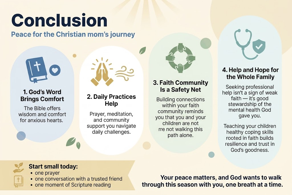 Create a clean, professional full-bleed infographic illustration in a 3:2 aspect ratio with a soft calming palette of warm cream, muted blue, sage green, and gentle gold accents. Use modern sans-serif fonts with a bold title at the top left and clear visual hierarchy. Layout should be wide and horizontal, using 4 distinct rounded content blocks across the page, each with an icon and short text. Include subtle faith-based decorative elements like soft light rays, small leaves, and gentle circular accents. Avoid a vertical poster layout.
Top header area:
Large bold heading in dark navy text: "Conclusion"
Small subtitle beneath in medium blue: "Peace for the Christian mom’s journey"
Section 1 on the left:
A blue open Bible icon and a small heart icon.
Heading: "1. God’s Word Brings Comfort"
Body text: "The Bible offers wisdom and comfort for anxious hearts."
Section 2 left-center:
A gold prayer hands icon and a calm breathing wave icon.
Heading: "2. Daily Practices Help"
Body text: "Prayer, meditation, and community support help you navigate daily challenges."
Section 3 right-center:
A green circle-of-friends icon with linked hands.
Heading: "3. Faith Community Is a Safety Net"
Body text: "Building connections within your faith community reminds you that you and your children are not walking this path alone."
Section 4 on the right:
A soft teal stethoscope icon paired with a checkmark shield.
Heading: "4. Help and Hope for the Whole Family"
Body text: "Seeking professional help isn't a sign of weak faith — it's good stewardship of the mental health God gave you."
Body text beneath: "Teaching your children healthy coping skills rooted in faith builds resilience and trust in God's goodness."
Bottom horizontal callout band across the full width:
Use a pale gold banner with a small sprout icon and a small scripture page icon.
Bold callout text: "Start small today:"
Then three short bullet points with dot markers:
"one prayer"
"one conversation with a trusted friend"
"one moment of Scripture reading"
Final closing line in larger dark navy text at bottom right: "Your peace matters, and God wants to walk through this season with you, one breath at a time."
Use spacious alignment, crisp text, clean iconography, and balanced spacing. Keep all text legible and exact. No extra text.