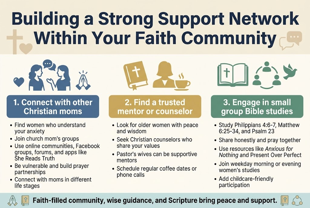 Create a clean, professional full-bleed infographic in a 3:2 landscape aspect ratio with a warm faith-based color palette of soft navy, teal, cream, and light gold accents. Use modern sans-serif fonts with a bold headline and clear section hierarchy.
Top across the full width: large bold title text in dark navy, "Building a Strong Support Network Within Your Faith Community". Add a subtle cross, heart, and speech-bubble motif near the title.
Center and lower area: organize the content into three wide horizontal sections or three side-by-side columns with numbered headers, each with a distinct icon and a colored header bar.
Section 1 on the left: a blue icon of two moms talking with a small heart and prayer hands. Header text: "1. Connect with other Christian moms". Include short bullet text:
- "Find women who understand your anxiety"
- "Join church mom's groups"
- "Use online communities, Facebook groups, forums, and apps like She Reads Truth"
- "Be vulnerable and build prayer partnerships"
- "Connect with moms in different life stages"
Section 2 in the middle: a gold icon of an open Bible beside a mentor silhouette and a coffee cup. Header text: "2. Find a trusted mentor or counselor". Include short bullet text:
- "Look for older women with peace and wisdom"
- "Seek Christian counselors who share your values"
- "Pastor's wives can be supportive mentors"
- "Schedule regular coffee dates or phone calls"
Section 3 on the right: a green icon of an open Bible, small group circle, and dove. Header text: "3. Engage in small group Bible studies". Include short bullet text:
- "Study Philippians 4:6-7, Matthew 6:25-34, and Psalm 23"
- "Share honestly and pray together"
- "Use resources like Anxious for Nothing and Present Over Perfect"
- "Join weekday morning or evening women's studies"
- "Add childcare-friendly participation"
Bottom footer strip across the width with a calming light background and a final centered line in bold: "Faith-filled community, wise guidance, and Scripture bring peace and support." Add small decorative icons of praying hands, Bible, and linked circles along the footer. Keep spacing airy, readable, and balanced with no vertical poster frame, no inset margins, and no clutter.