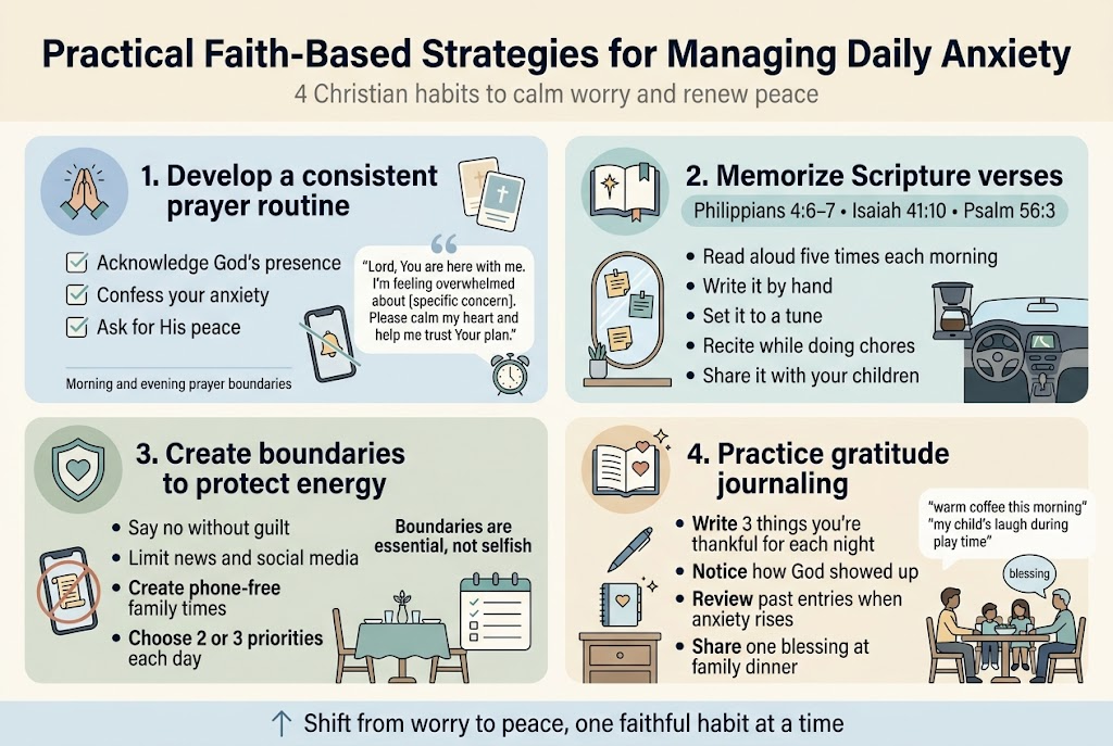 Create a full-bleed clean professional infographic illustration in a 3:2 aspect ratio, with a wide horizontal layout and no poster frame. Use a soft calming palette of light cream, pale blue, muted sage, and warm beige with navy text accents. Modern sans-serif fonts, bold title at the top, clear section headers, simple flat icons, and organized multi-column blocks.

TOP HEADER:
Large bold title centered across the top: “Practical Faith-Based Strategies for Managing Daily Anxiety”
Small subtitle beneath in lighter text: “4 Christian habits to calm worry and renew peace”

MAIN CONTENT: four wide horizontal sections arranged in a 2x2 grid with numbered circles and distinct icons.

SECTION 1, top left:
Heading: “1. Develop a consistent prayer routine”
Icon: a small praying hands icon beside a soft blue circle.
Include three short steps in a checklist:
- “Acknowledge God’s presence”
- “Confess your anxiety”
- “Ask for His peace”
Small quote callout in a rounded box:
“Lord, You are here with me. I’m feeling overwhelmed about [specific concern]. Please calm my heart and help me trust Your plan.”
Small visual accents: prayer cards, a phone with a muted notification symbol, and a tiny clock/alarm icon.
Tiny footer line: “Morning and evening prayer boundaries”

SECTION 2, top right:
Heading: “2. Memorize Scripture verses”
Icon: an open Bible with a star and bookmark.
Add a short line: “Philippians 4:6–7 • Isaiah 41:10 • Psalm 56:3”
Include a 5-item bullet list:
- “Read aloud five times each morning”
- “Write it by hand”
- “Set it to a tune”
- “Recite while doing chores”
- “Share it with your children”
Visual elements: sticky notes on a mirror, coffee maker, and car dashboard.

SECTION 3, bottom left:
Heading: “3. Create boundaries to protect energy”
Icon: a shield with a heart inside.
Include 4 short bullets:
- “Say no without guilt”
- “Limit news and social media”
- “Create phone-free family times”
- “Choose 2 or 3 priorities each day”
Add a small visual: a phone with a crossed-out scroll symbol, a dinner table, and a simple calendar checklist.
Include a small bold phrase: “Boundaries are essential, not selfish”

SECTION 4, bottom right:
Heading: “4. Practice gratitude journaling”
Icon: an open notebook with a small heart and sparkle.
Include 4 short bullets:
- “Write 3 things you’re thankful for each night”
- “Notice how God showed up”
- “Review past entries when anxiety rises”
- “Share one blessing at family dinner”
Add a tiny visual of a pen, bedside notebook, and a family dinner scene with small blessing speech bubble.
Include a small quote box:
“warm coffee this morning”
“my child’s laugh during play time”

BOTTOM STRIP:
A thin wide banner across the bottom with a simple upward arrow and text: “Shift from worry to peace, one faithful habit at a time”

Design details:
Use clean spacing, strong hierarchy, rounded section cards, subtle shadowing, navy headings, teal highlights, and simple line icons. Ensure all text is legible, balanced, and placed within the wide horizontal infographic layout.