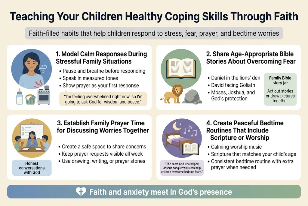 Create a clean, professional full-bleed infographic in 3:2 aspect ratio with a warm, faith-based family theme. Use a soft cream background with muted blue, sage green, and warm gold accents. Use modern sans-serif fonts with a bold title at the top and clear section headers. Layout should be wide and horizontal with four main content blocks arranged in two rows of two, plus a slim top title band. Include simple flat icons in each block.
Top header, centered and bold in dark navy:
"Teaching Your Children Healthy Coping Skills Through Faith"
Under the title, a small subtitle line in muted gray:
"Faith-filled habits that help children respond to stress, fear, prayer, and bedtime worries"
Section 1 on the upper left with a blue circle icon of a calm mother taking a deep breath beside a small stress scene with a baby bottle, laundry basket, and stove:
"1. Model Calm Responses During Stressful Family Situations"
Include three short bullet points:
"• Pause and breathe before responding"
"• Speak in measured tones"
"• Show prayer as your first response"
Add a small quote callout in a pale gold box:
"\"I'm feeling overwhelmed right now, so I'm going to ask God for wisdom and peace.\""
Section 2 on the upper right with a green circle icon of an open Bible and a small lion and giant stone:
"2. Share Age-Appropriate Bible Stories About Overcoming Fear"
Include three short bullet points:
"• Daniel in the lions' den"
"• David facing Goliath"
"• Moses, Joshua, and God's protection"
Add a small side note in a light green box:
"Family Bible story jar"
"Act out stories or draw pictures together"
Section 3 on the lower left with a gold circle icon of a family around a table with hands folded in prayer and a whiteboard checklist:
"3. Establish Family Prayer Time for Discussing Worries Together"
Include three short bullet points:
"• Create a safe space to share concerns"
"• Keep prayer requests visible all week"
"• Use drawing, writing, or prayer stones"
Add a small label in a soft blue box:
"Honest conversations with God"
Section 4 on the lower right with a purple circle icon of a cozy bed, moon, open Bible, and soft worship notes:
"4. Create Peaceful Bedtime Routines That Include Scripture or Worship"
Include three short bullet points:
"• Calming worship music"
"• Scripture that matches your child's age"
"• Consistent bedtime routine with extra prayer when needed"
Add a small verse-style callout box:
"\"The same God who helped Joshua conquer walls can help children overcome bedtime fears.\""
At the bottom, add a wide concluding banner with a gentle gradient from blue to sage and a small heart-cross icon:
"Faith and anxiety meet in God’s presence"
Use a clean grid, balanced spacing, rounded corner boxes, subtle shadows, and clear visual hierarchy. No clutter, no photo realism, no vertical poster frame, no centered narrow column.
