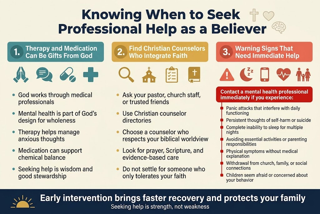 Create a clean professional infographic in a full-bleed 3:2 landscape layout with a soft cream background, navy and teal accents, warm gold highlights, modern sans-serif fonts, and clear visual hierarchy. Add a bold top heading centered across the width in dark navy text: "Knowing When to Seek Professional Help as a Believer". Place a subtle cross, heart, and brain icon near the title.
Use a wide 3-column layout with three large horizontal content blocks across the page, each with a colored header bar, numbered badge, and matching icon.
LEFT COLUMN:
Header text in teal: "1. Therapy and Medication Can Be Gifts From God"
Include a icon row: praying hands, therapy speech bubble, medication pill, medical cross.
Add short bullet text in dark gray:
- "God works through medical professionals"
- "Mental health is part of God's design for wholeness"
- "Therapy helps manage anxious thoughts"
- "Medication can support chemical balance"
- "Seeking help is wisdom and good stewardship"
CENTER COLUMN:
Header text in gold: "2. Find Christian Counselors Who Integrate Faith"
Include icons: magnifying glass, church building, checklist, open Bible.
Add short bullet text:
- "Ask your pastor, church staff, or trusted friends"
- "Use Christian counselor directories"
- "Choose a counselor who respects your biblical worldview"
- "Look for prayer, Scripture, and evidence-based care"
- "Do not settle for someone who only tolerates your faith"
RIGHT COLUMN:
Header text in coral red: "3. Warning Signs That Need Immediate Help"
Include icons: alert triangle, broken sleep moon, phone, heart with pulse, family silhouette.
Add a bold red subheading box: "Contact a mental health professional immediately if you experience:"
Use a compact list with small red markers:
- "Panic attacks that interfere with daily functioning"
- "Persistent thoughts of self-harm or suicide"
- "Complete inability to sleep for multiple nights"
- "Avoiding essential activities or parenting responsibilities"
- "Physical symptoms without medical explanation"
- "Withdrawal from church, family, or social connections"
- "Children seem afraid or concerned about your behavior"
Add a wide bottom banner spanning the page in dark navy with white text and a small hopeful sunrise icon on the left:
"Early intervention brings faster recovery and protects your family"
Below it in smaller text: "Seeking help is strength, not weakness"
Use balanced spacing, crisp lines, subtle shadows on content blocks, and simple flat icons. Keep all text legible and neatly aligned. No inset frame, no portrait layout, no clutter.
