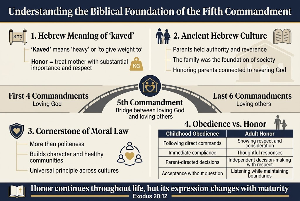 Create a clean, professional infographic illustration in 3:2 landscape aspect ratio with a full-bleed layout, no poster frame, no inset margins, and a wide horizontal composition.

Top banner across the full width: bold title in large dark navy serif font, exact text:
"Understanding the Biblical Foundation of the Fifth Commandment"

Below the title, arrange the content in four wide sections across the page using a balanced multi-column layout with clear visual hierarchy, soft cream background, navy and gold accents, and modern sans-serif body text.

Section 1 on the upper left: a Hebrew text callout with a scroll or parchment icon and a heavy weight symbol. Headline in medium bold text:
"1. Hebrew Meaning of "kaved""
Under it, smaller text:
""Kaved" means "heavy" or "to give weight to""
"Honor = treat mother with substantial importance and respect"
Add a gold scale icon or weight icon next to the text.

Section 2 on the upper right: cultural context block with a family silhouette and ancient tablet icon. Headline:
"2. Ancient Hebrew Culture"
Include these lines:
"Parents held authority and reverence"
"The family was the foundation of society"
"Honoring parents connected to revering God"
Use a subtle background motif of a simple ancient household or stone tablets.

Section 3 across the middle, centered and slightly larger than the others: a bridge or connecting path graphic linking two labeled areas. Left side label:
"First 4 Commandments"
Subtext:
"Loving God"
Right side label:
"Last 6 Commandments"
Subtext:
"Loving others"
Center label over the bridge:
"5th Commandment"
Subtext:
"Bridge between loving God and loving others"
Add a central icon of a family or heart-and-home symbol.

Section 4 on the lower left: a dignity and community block with a shield or heart icon. Headline:
"3. Cornerstone of Moral Law"
Include these short lines:
"More than politeness"
"Builds character and healthy communities"
"Universal principle across cultures"
Use icons of a community circle or connected people.

Section 5 on the lower right: a comparison table with two columns, neatly boxed, titled:
"4. Obedience vs. Honor"
Table headers in bold:
"Childhood Obedience" | "Adult Honor"
Rows exactly as follows:
"Following direct commands" | "Showing respect and consideration"
"Immediate compliance" | "Thoughtful responses"
"Parent-directed decisions" | "Independent decision-making with respect"
"Acceptance without question" | "Listening while maintaining boundaries"
Add a small parent-and-adult-child icon above the table.

Bottom strip spanning the width: a final takeaway callout with a warm gold highlight bar and a small open Bible icon. Exact text:
"Honor continues throughout life, but its expression changes with maturity"
"Exodus 20:12"
Use elegant typography, clear section dividers, subtle line icons, and strong visual contrast. Keep all text crisp and readable, with navy, charcoal, and gold color palette, and a polished editorial infographic style.