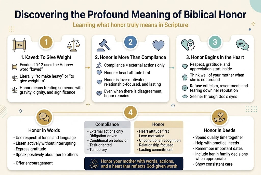 Aspect ratio 3:2, full-bleed clean professional infographic layout with a warm navy, gold, cream, and soft teal color palette, modern serif title and readable sans-serif body text, strong visual hierarchy, no frame, no inset margins.

Top center large bold heading in dark navy:
"Discovering the Profound Meaning of Biblical Honor"

Directly below the title, a smaller subtitle in gold:
"Learning what honor truly means in Scripture"

Use a wide 2-row infographic with 4 main sections across the canvas, each with a clear icon, numbered label, and concise text blocks.

LEFT TOP SECTION, labeled in a gold circle "1", with a Hebrew scroll icon and a scale-of-weight icon:
"1. Kaved: To Give Weight"
"Exodus 20:12 uses the Hebrew word \"kaved\""
"Literally: \"to make heavy\" or \"to give weight to\""
"Honor means treating someone with gravity, dignity, and significance"

CENTER TOP SECTION, labeled in a blue circle "2", with a judge gavel icon and a heart icon:
"2. Honor Is More Than Compliance"
"Compliance = external actions only"
"Honor = heart attitude first"
"Honor is love-motivated, relationship-focused, and lasting"
"Even when there is disagreement, honor remains"

RIGHT TOP SECTION, labeled in a teal circle "3", with a heart-and-mind icon and a speech bubble icon:
"3. Honor Begins in the Heart"
"Respect, gratitude, and appreciation start inside"
"Think well of your mother when she is not around"
"Refuse criticism, resentment, and tearing down her reputation"
"See her through God’s eyes"

BOTTOM WIDE SECTION, labeled in a gold circle "4", spanning the width, with two side-by-side columns titled with icons:

LEFT BOTTOM COLUMN with a speech bubble icon:
"Honor in Words"
"- Use respectful tones and language"
"- Listen actively without interrupting"
"- Express gratitude"
"- Speak positively about her to others"
"- Offer encouragement"

RIGHT BOTTOM COLUMN with a hand and helping icon:
"Honor in Deeds"
"- Spend quality time together"
"- Help with practical needs"
"- Remember important dates"
"- Include her in family decisions when appropriate"
"- Show consistent care"

Between the bottom columns and across the lower center, include a small comparison strip with two labeled boxes:

Left box in light gray:
"Compliance"
"- External actions only"
"- Obligation-driven"
"- Conditional on behavior"
"- Task-oriented"
"- Temporary"

Right box in light gold:
"Honor"
"- Heart attitude first"
"- Love-motivated"
"- Unconditional recognition"
"- Relationship-focused"
"- Lasting commitment"

Bottom center final banner in dark navy with gold text and a small heart-and-light icon:
"Honor your mother with words, actions, and a heart that reflects God-given worth"

Use clean dividers, rounded cards, subtle shadows, and clear spacing. Add small decorative line icons and gentle geometric accents. Ensure all text is crisp, legible, and arranged in a wide horizontal infographic composition.