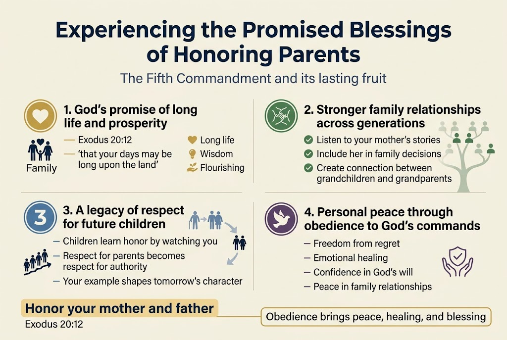 Create a full-bleed landscape infographic in 3:2 aspect ratio with a clean modern Christian design, soft cream background, navy blue and deep green accents, gold highlights, and crisp sans-serif typography. Place a bold top headline across the upper third: "Experiencing the Promised Blessings of Honoring Parents". Under the title, add a smaller subtitle in muted navy: "The Fifth Commandment and its lasting fruit". Use a wide, multi-section layout with four horizontal content panels across the page, each with a numbered circle icon and a simple symbol.

Section 1 on the upper left: a gold circle with "1" and a heart + family icon. Heading: "1. God’s promise of long life and prosperity". Body text in short lines: "Exodus 20:12" and "‘that your days may be long upon the land’". Add small supporting labels beside icons: "Long life", "Wisdom", "Flourishing".

Section 2 on the upper right: a green circle with "2" and a linked-hands icon. Heading: "2. Stronger family relationships across generations". Add three short bullet lines with check icons: "Listen to your mother’s stories", "Include her in family decisions", "Create connection between grandchildren and grandparents". Include a subtle family tree graphic branching behind the text.

Section 3 on the lower left: a blue circle with "3" and a line of people moving forward icon. Heading: "3. A legacy of respect for future children". Add short lines: "Children learn honor by watching you", "Respect for parents becomes respect for authority", "Your example shapes tomorrow’s character". Place a small arrow path flowing from grandparents to parents to children.

Section 4 on the lower right: a purple circle with "4" and a peace dove icon. Heading: "4. Personal peace through obedience to God’s commands". Add short bullet lines: "Freedom from regret", "Emotional healing", "Confidence in God’s will", "Peace in family relationships". Include a small calm shield or open hands symbol.

Along the bottom, add a highlighted banner with the text: "Honor your mother and father" and below it in smaller text: "Exodus 20:12". Add a final closing line centered in a gold accent box: "Obedience brings peace, healing, and blessing". Use clean spacing, clear hierarchy, subtle dividers, and professional infographic icons. No borders or poster frame.