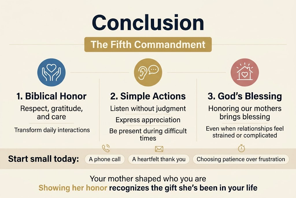 Full-bleed clean professional infographic, aspect ratio 3:2, soft warm cream background with navy, gold, and muted rose accents, modern sans-serif typography, strong visual hierarchy, no frame, no border, wide horizontal layout with multiple sections.

Top center: large bold heading in dark navy, exact text: "Conclusion"

Directly below the heading, a wide subtitle bar in muted gold with dark text: "The Fifth Commandment"

Main content arranged in three wide horizontal blocks across the middle of the canvas, each with a clear icon and numbered label:

Left block: a blue circular icon of two hands and a heart, heading text: "1. Biblical Honor", body text: "Respect, gratitude, and care"
Add a small supporting line beneath: "Transform daily interactions"

Center block: a gold circular icon of an ear and speech bubble, heading text: "2. Simple Actions", body text: "Listen without judgment"
Second line: "Express appreciation"
Third line: "Be present during difficult times"

Right block: a rose circular icon of a house with a heart and light rays, heading text: "3. God's Blessing", body text: "Honoring our mothers brings blessing"
Second line: "Even when relationships feel strained or complicated"

Bottom wide call-to-action band spanning the full width, with a small phone icon, thank-you note icon, and patience icon spaced evenly:
Bold text on the left: "Start small today:"
Three short items across the band in separate pill-shaped labels: "A phone call", "A heartfelt thank you", "Choosing patience over frustration"

At the very bottom center, in smaller but clear dark text: "Your mother shaped who you are"
Final emphasized line beneath in gold and navy: "Showing her honor recognizes the gift she's been in your life"

Use elegant spacing, crisp iconography, subtle dividers between sections, balanced alignment, and highly legible text.