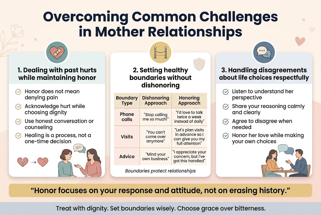 Create a clean professional full-bleed infographic in 3:2 landscape aspect ratio with a soft warm palette of cream, blush, muted teal, slate blue, and gold accents. Use modern sans-serif fonts with a bold dark navy title at the top. Include subtle line icons, rounded cards, and clear section hierarchy. No empty poster frame; use wide horizontal sections across the full canvas.

Top header, centered and large:
"Overcoming Common Challenges in Mother Relationships"

Below the title, arrange three wide horizontal content blocks across the page, each with a colored icon badge and a bold section heading.

Left block:
A small heart-and-bandage icon in a teal circle.
Heading: "1. Dealing with past hurts while maintaining honor"
Use 4 short bullet lines with check icons:
"Honor does not mean denying pain"
"Acknowledge hurt while choosing dignity"
"Use honest conversation or counseling"
"Healing is a process, not a one-time decision"
Add a small side illustration of a calm woman and mother with a gentle conversation bubble and a broken-heart icon fading into a healing heart.

Center block:
A boundary icon with a soft gold circle containing a simple fence/line marker.
Heading: "2. Setting healthy boundaries without dishonoring"
Include a 3-row comparison mini-table with clear labels:
"Boundary Type | Dishonoring Approach | Honoring Approach"
"Phone calls | 'Stop calling me so much!' | 'I'd love to talk twice a week instead of daily'"
"Visits | 'You can't come over anymore' | 'Let's plan visits in advance so I can give you my full attention'"
"Advice | 'Mind your own business' | 'I appreciate your concern, but I've got this handled'"
Add a small note beneath in italic-style text:
"Boundaries protect relationships"
Use a subtle shield icon near the section title.

Right block:
A speech bubble and two-person dialogue icon in a muted blue circle.
Heading: "3. Handling disagreements about life choices respectfully"
Include 4 concise bullet lines with check icons:
"Listen to understand her perspective"
"Share your reasoning calmly and clearly"
"Agree to disagree when needed"
"Honor her love while making your own choices"
Add a small illustration of two adults talking respectfully at a table with calm expression and balanced speech bubbles.

Near the bottom, across the full width, place a highlighted quote strip with a soft gold background:
"Honor focuses on your response and attitude, not on erasing history."

At the very bottom, add a small final reminder in dark slate text:
"Treat with dignity. Set boundaries wisely. Choose grace over bitterness."

Use clean spacing, aligned cards, soft shadows, subtle floral and heart accents, balanced composition, and high legibility throughout.