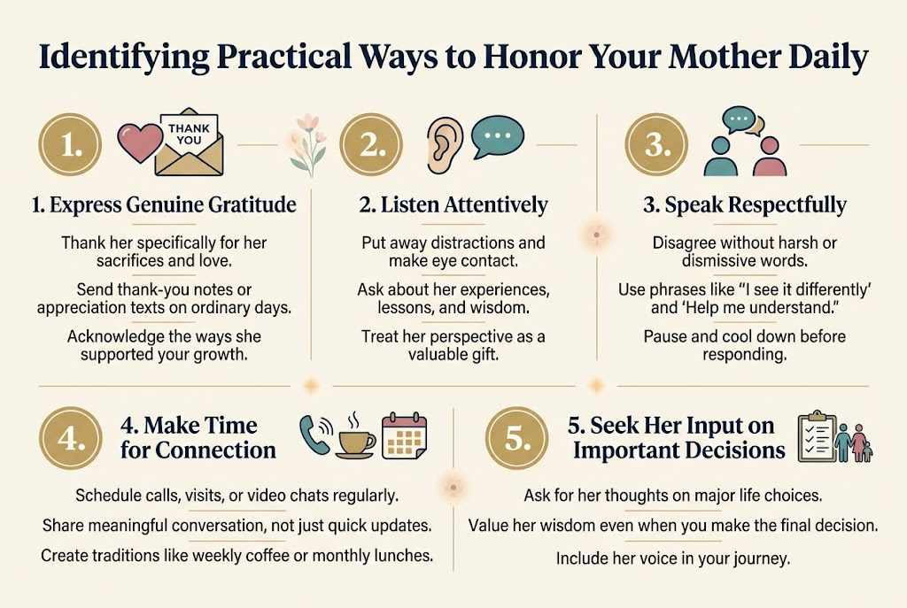 Create a full-bleed professional infographic illustration in a 3:2 aspect ratio with a warm, elegant Christian family theme. Use a clean modern sans-serif font with strong hierarchy, navy text, soft cream background, muted gold accents, and teal/rose highlight colors. Add a bold title at the top spanning the width:

"Identifying Practical Ways to Honor Your Mother Daily"

Below the title, arrange five wide horizontal sections across the canvas in a balanced multi-column grid or two-row layout, not a narrow vertical stack. Each section should have a numbered circle icon, a simple matching symbol, a short heading, and 2–3 concise lines of body text.

Section 1: left side, with a heart and thank-you note icon.
Heading: "1. Express Genuine Gratitude"
Body text:
"Thank her specifically for her sacrifices and love."
"Send thank-you notes or appreciation texts on ordinary days."
"Acknowledge the ways she supported your growth."

Section 2: upper center, with an ear and speech bubble icon.
Heading: "2. Listen Attentively"
Body text:
"Put away distractions and make eye contact."
"Ask about her experiences, lessons, and wisdom."
"Treat her perspective as a valuable gift."

Section 3: upper right, with a calm conversation icon.
Heading: "3. Speak Respectfully"
Body text:
"Disagree without harsh or dismissive words."
"Use phrases like 'I see it differently' and 'Help me understand.'"
"Pause and cool down before responding."

Section 4: lower left, with a phone, coffee cup, and calendar icon.
Heading: "4. Make Time for Connection"
Body text:
"Schedule calls, visits, or video chats regularly."
"Share meaningful conversation, not just quick updates."
"Create traditions like weekly coffee or monthly lunches."

Section 5: lower right, with a clipboard or decision-making icon and a small family silhouette.
Heading: "5. Seek Her Input on Important Decisions"
Body text:
"Ask for her thoughts on major life choices."
"Value her wisdom even when you make the final decision."
"Include her voice in your journey."

Add small subtle decorative elements such as soft floral accents, thin divider lines, and gentle glow highlights. Keep the layout airy and readable with clear spacing, clean alignment, and strong visual balance. Use icon badges in gold circles for each numbered point. No frame, no poster border, no clutter. All text must be crisp and legible.
