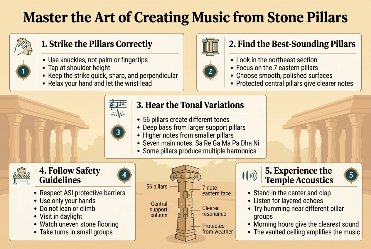 infographic on technique to strike the musical pillars of Vittala temple , Hampi
