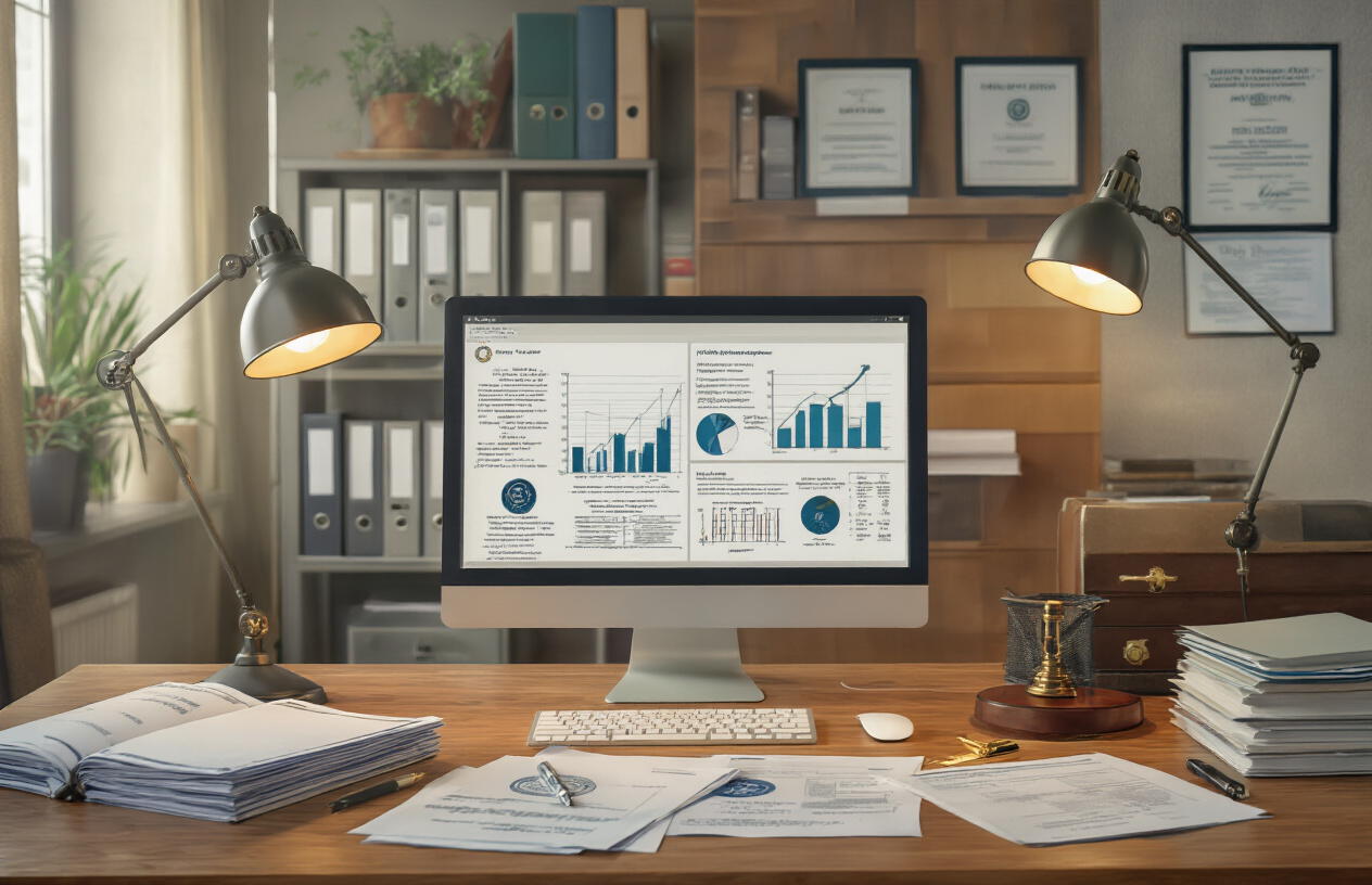Create a realistic image of a modern educational office setting with official documents and papers scattered on a wooden desk, a computer screen displaying data charts and academic information, filing cabinets in the background, official seals and stamps visible on documents, a professional atmosphere with warm lighting from a desk lamp, and academic certificates hanging on the wall, capturing the administrative process of academic result preparation and declaration. Absolutely NO text should be in the scene.