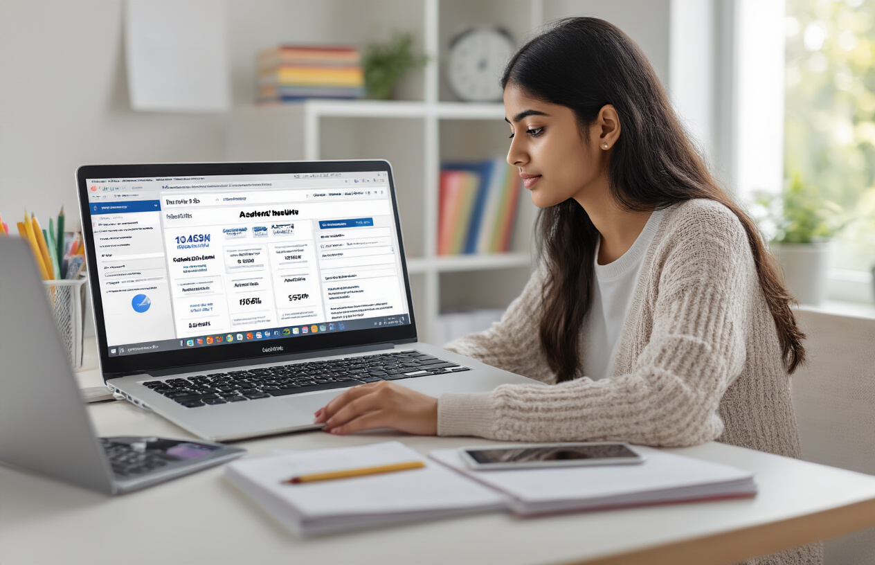 Create a realistic image of a young Indian female student sitting at a modern desk with a laptop computer open, smartphone placed beside it, and a tablet device visible, all showing different website interfaces for checking academic results, with multiple browser tabs open on the laptop screen, soft natural lighting from a window, clean organized study environment with books and stationery in the background, the student appearing focused and engaged while using these digital devices, modern home or library setting, bright and optimistic mood, absolutely NO text should be in the scene.
