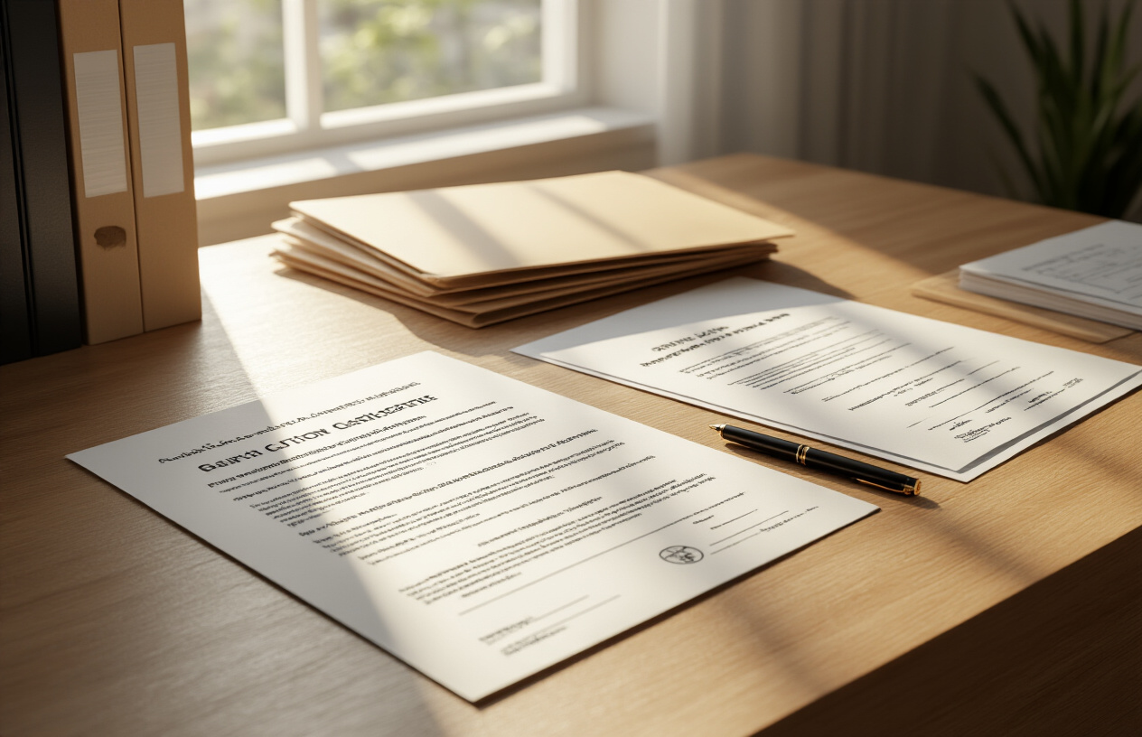 Create a realistic image of various official documents spread out on a clean wooden desk surface, including academic certificates, identity cards, application forms, and transcripts, with a few manila folders and a black pen placed nearby, soft natural lighting from a window creating gentle shadows, professional office environment in the background, warm and organized atmosphere. Absolutely NO text should be in the scene.