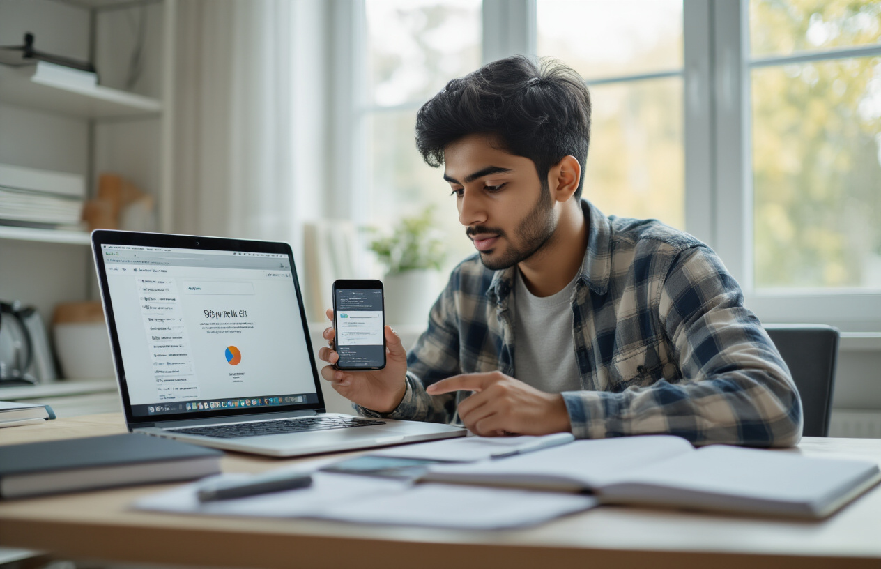 Create a realistic image of a young South Asian male student sitting at a modern desk with a laptop computer open, showing a clean web browser interface, his finger pointing at the screen while following step-by-step instructions, with a smartphone nearby displaying a similar interface, organized study materials and notebooks scattered on the desk, bright natural lighting from a window, calm and focused atmosphere in a contemporary home study room, absolutely NO text should be in the scene.