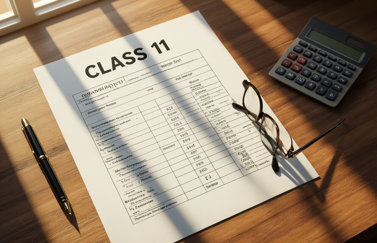 Create a realistic image of a Class 11 official marksheet document laid flat on a wooden desk surface, showing detailed grade components with subject names, marks columns, and grade sections clearly visible, surrounded by a black pen, reading glasses, and a small calculator, with warm natural lighting from a window creating soft shadows, shot from a slightly angled top-down perspective, Absolutely NO text should be in the scene.