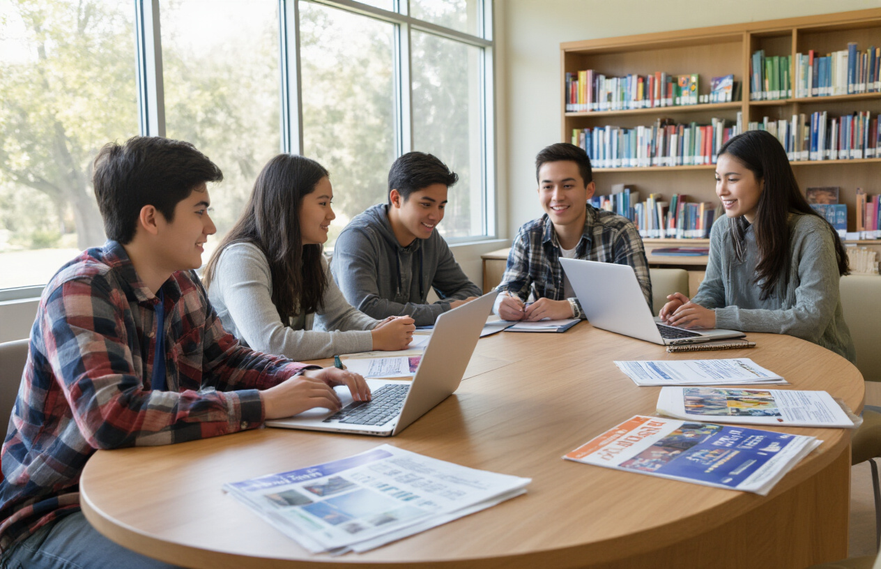 Create a realistic image of a diverse group of young adults aged 17-18 including white, black, and Asian male and female students sitting around a modern wooden table with laptops, notebooks, and printed documents spread out, engaged in planning and discussion about their future educational paths, with university brochures and career guidance materials visible on the table, set in a bright contemporary school counseling office with large windows showing natural daylight, bookcases filled with educational resources in the background, creating an atmosphere of hope, determination, and forward-thinking planning, absolutely NO text should be in the scene.