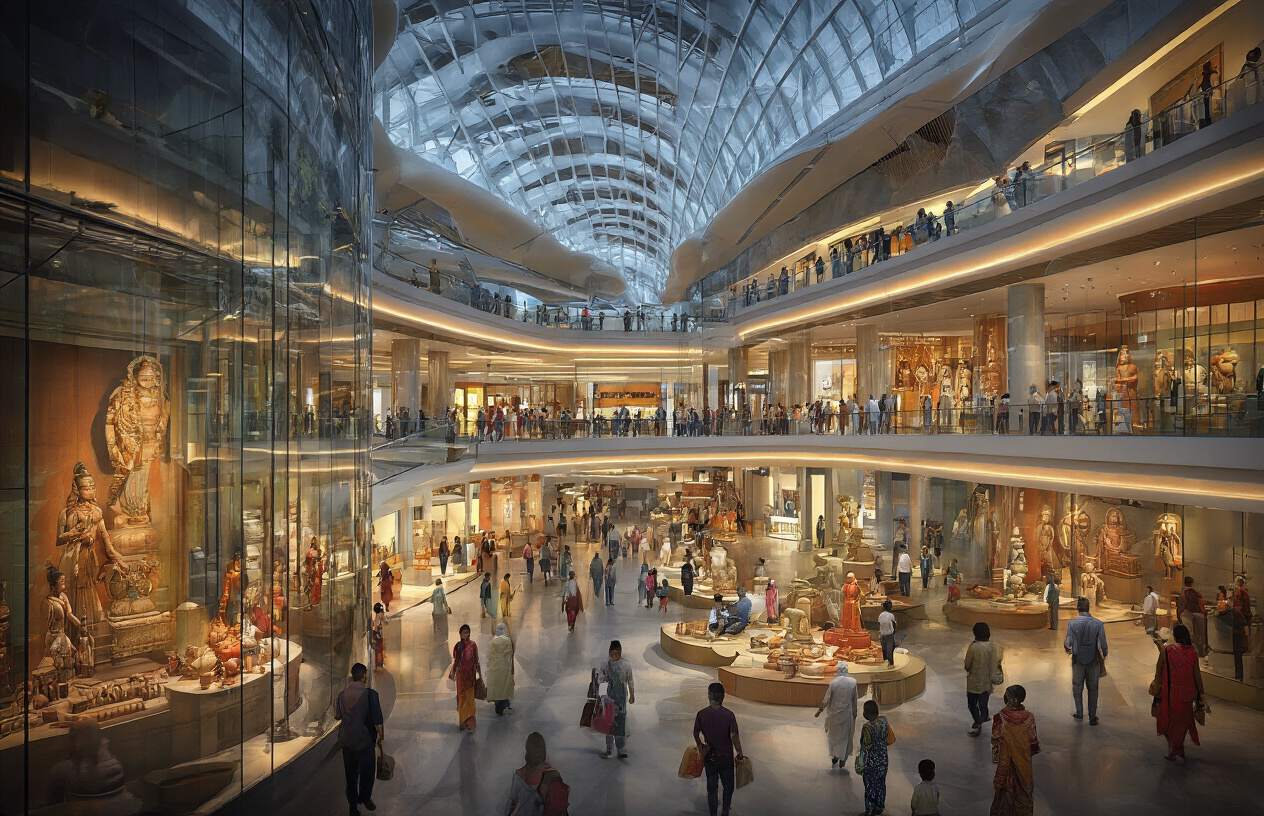 Create a realistic image of a modern Indian shopping mall or cultural center with contemporary glass architecture, featuring South Asian tourists and locals of mixed gender exploring interactive cultural exhibits or art displays, with traditional Indian artifacts or sculptures visible in the foreground, warm indoor lighting highlighting the blend of modern and traditional elements, bustling atmosphere with people engaged in cultural activities, absolutely NO text should be in the scene.