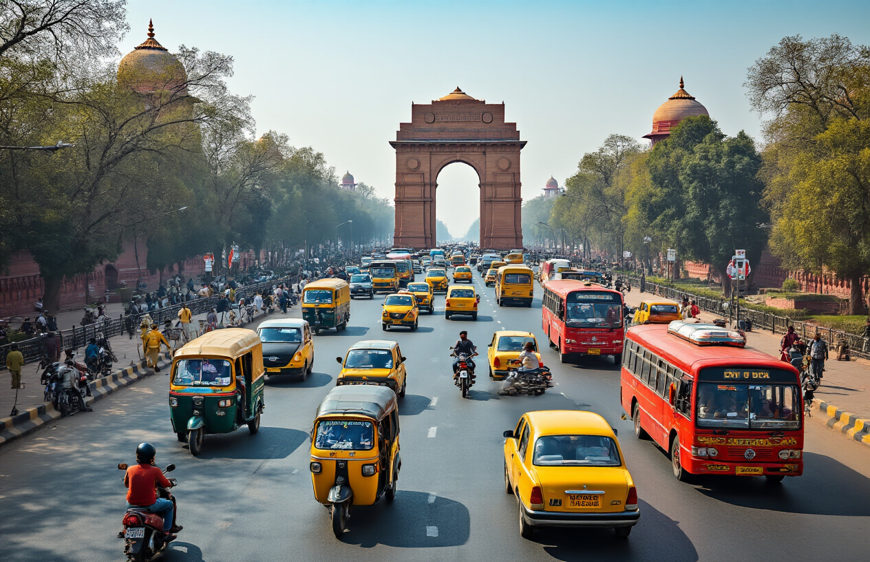 Create a realistic image of a bustling Delhi street scene showcasing various transportation modes including colorful auto-rickshaws, yellow-black taxis, red DTC buses, and motorcycles navigating through traffic, with iconic Delhi architecture like India Gate or Red Fort visible in the background, under bright daylight with clear blue skies, capturing the organized chaos of urban transportation in India