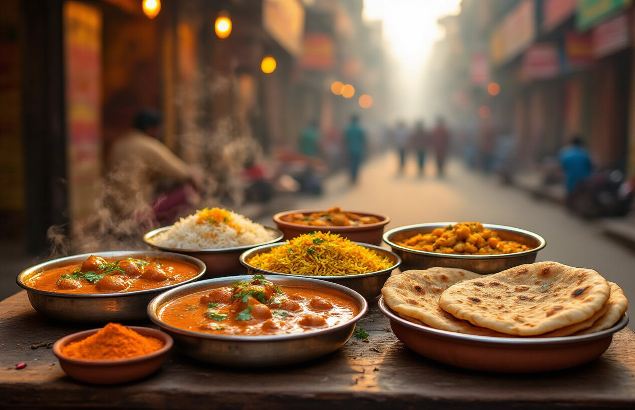 Create a realistic image of a vibrant Delhi street food scene with colorful Indian dishes including butter chicken, biryani, chole bhature, and paranthas arranged on traditional metal plates and clay bowls on a wooden table, with aromatic spices scattered around, steaming hot food with visible curry and garnishes, warm golden lighting creating an inviting atmosphere, blurred background of a bustling Delhi market street with warm orange and yellow tones, absolutely NO text should be in the scene.
