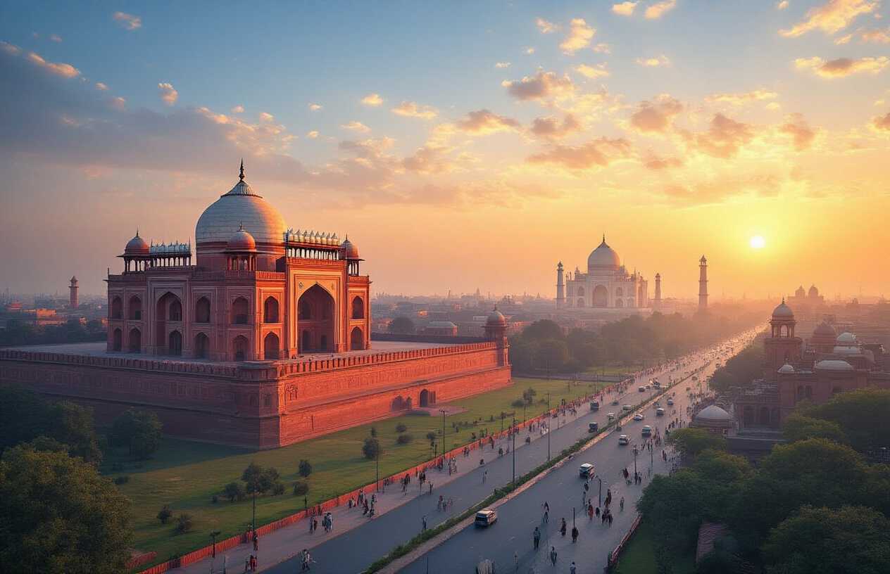 Create a realistic image of a panoramic view of Delhi