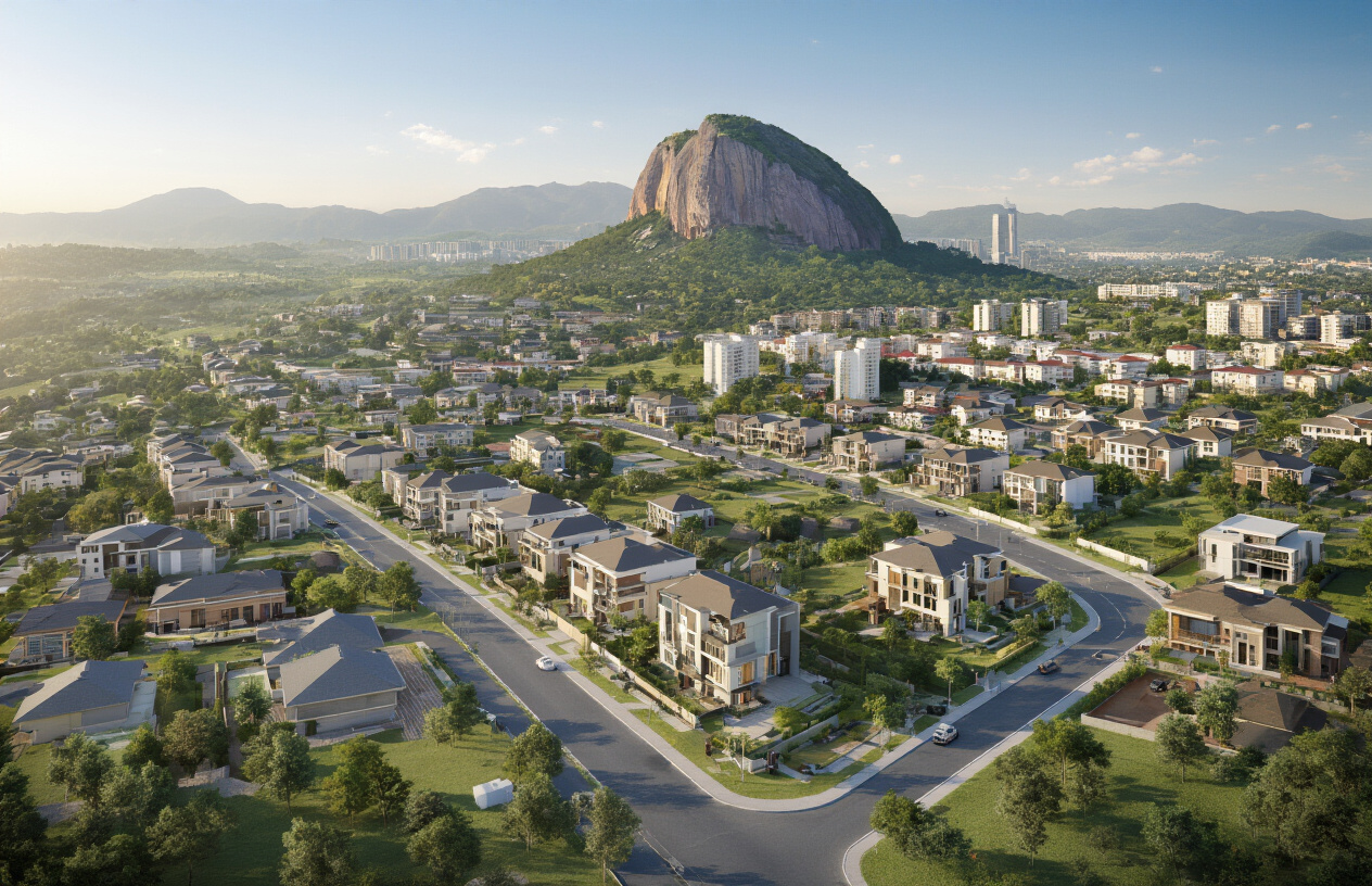 Create a realistic image of a panoramic view of Abuja's residential neighborhoods showing modern houses, apartments, and gated communities spread across rolling hills with the iconic Aso Rock formation visible in the background, featuring a mix of contemporary architectural styles including duplexes, bungalows, and high-rise buildings, with well-paved roads, green landscaping, and clear blue skies suggesting a thriving real estate market, captured during golden hour lighting that highlights the urban development and natural beauty of Nigeria's capital city. Absolutely NO text should be in the scene.