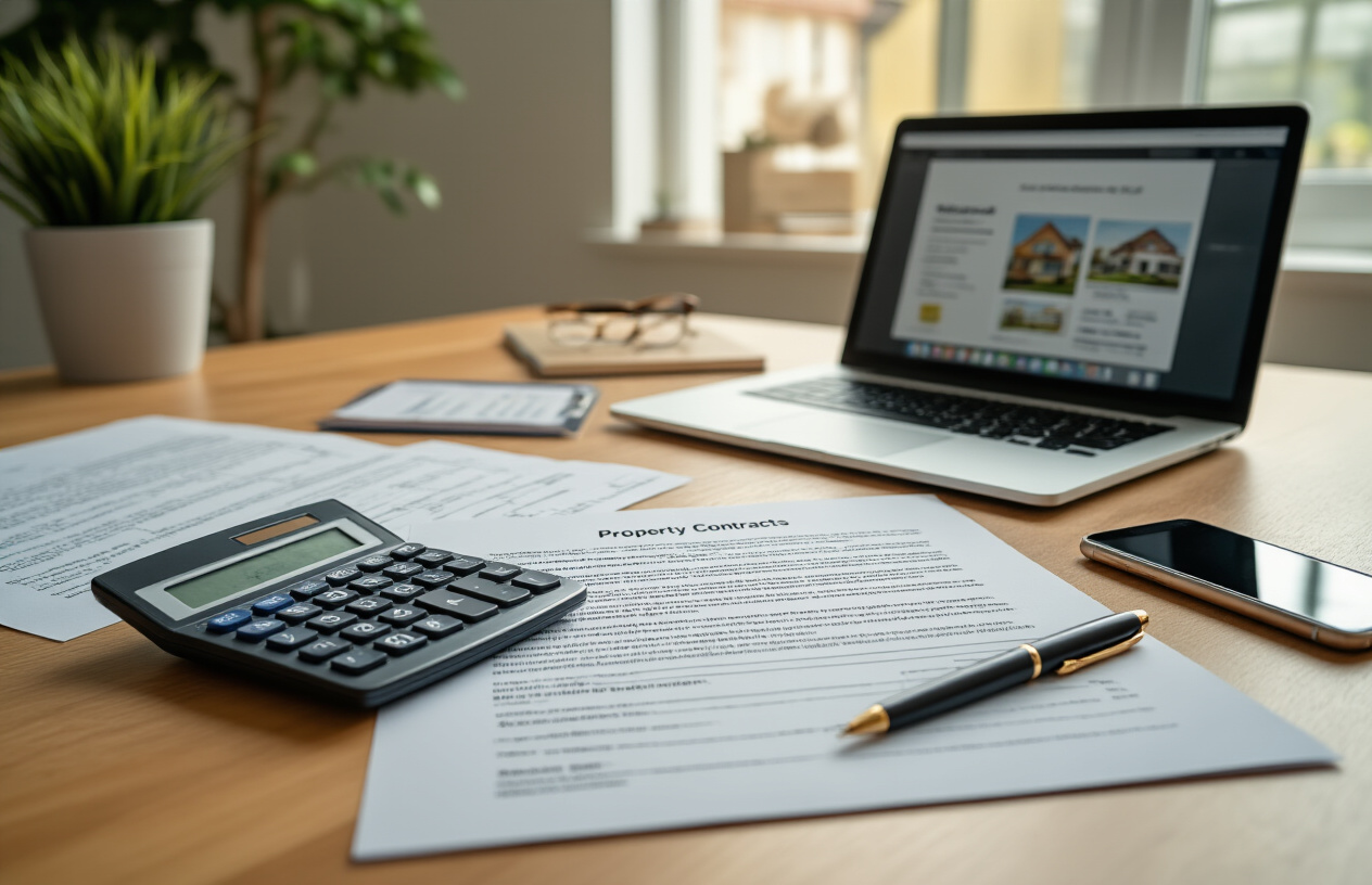 Create a realistic image of a modern office desk with important house buying documents spread out including property contracts, mortgage papers, and house inspection reports, alongside a calculator, pen, and smartphone, with a laptop displaying property listings in the background, set in a well-lit professional office environment with warm natural lighting from a window, absolutely NO text should be in the scene.