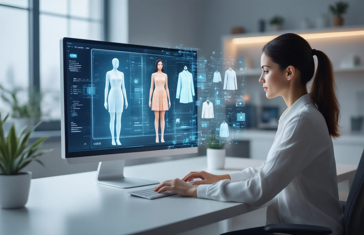 Create a realistic image of a modern digital workspace showing AI technology transforming online shopping, featuring a sleek computer monitor displaying a futuristic virtual fitting interface with 3D body scanning visualization, floating holographic clothing items around the screen, a white female professional sitting at a contemporary desk using the AI-powered shopping platform, soft ambient lighting creating a high-tech atmosphere, minimalist office environment with clean lines and metallic accents, digital particles or light effects suggesting advanced technology processing, absolutely NO text should be in the scene.