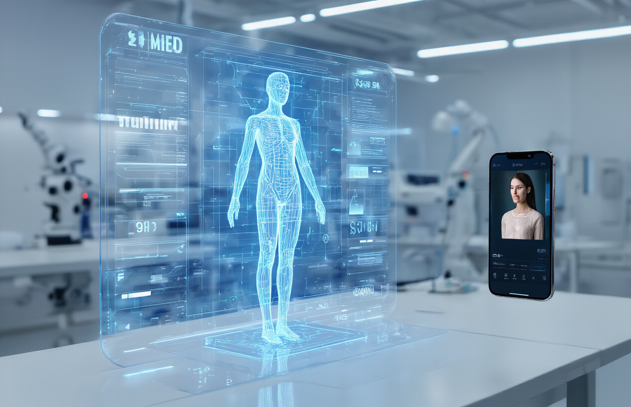 Create a realistic image of a futuristic AI system interface showing the digital tailoring process, featuring a large transparent holographic display with a 3D human body model being analyzed, surrounded by floating digital measurements and sizing data points, AI processing nodes with glowing blue circuits, a smartphone displaying a selfie photo being scanned, robotic tailoring equipment in the background, all set in a modern tech laboratory with clean white surfaces and soft blue LED lighting, showcasing the seamless integration of artificial intelligence and fashion technology, absolutely NO text should be in the scene.