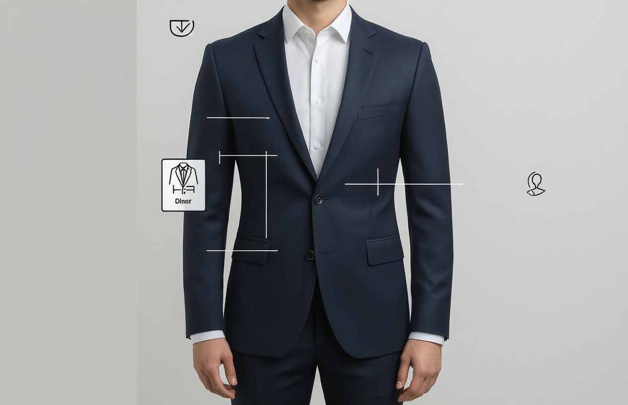 Create a realistic image of a split-screen comparison showing a perfectly tailored dark navy business suit on a white male mannequin on the left side with precise fit lines and measurement indicators, contrasted with a poorly fitting loose gray suit on another mannequin on the right side, set in a modern minimalist studio with clean white background, professional lighting highlighting the fabric details and fit differences, with subtle AI-generated accuracy symbols or checkmarks floating near the well-fitted suit, absolutely NO text should be in the scene.