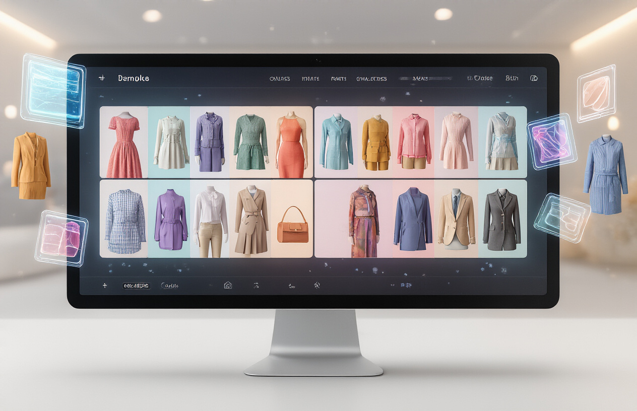 Create a realistic image of a modern digital interface displaying a diverse collection of clothing items including dresses, shirts, pants, jackets, and accessories arranged in a grid layout on a sleek computer screen or tablet, with floating holographic clothing pieces in various colors and styles surrounding the device, set in a contemporary tech environment with soft ambient lighting, emphasizing the variety and abundance of fashion options available through artificial intelligence technology, absolutely NO text should be in the scene.