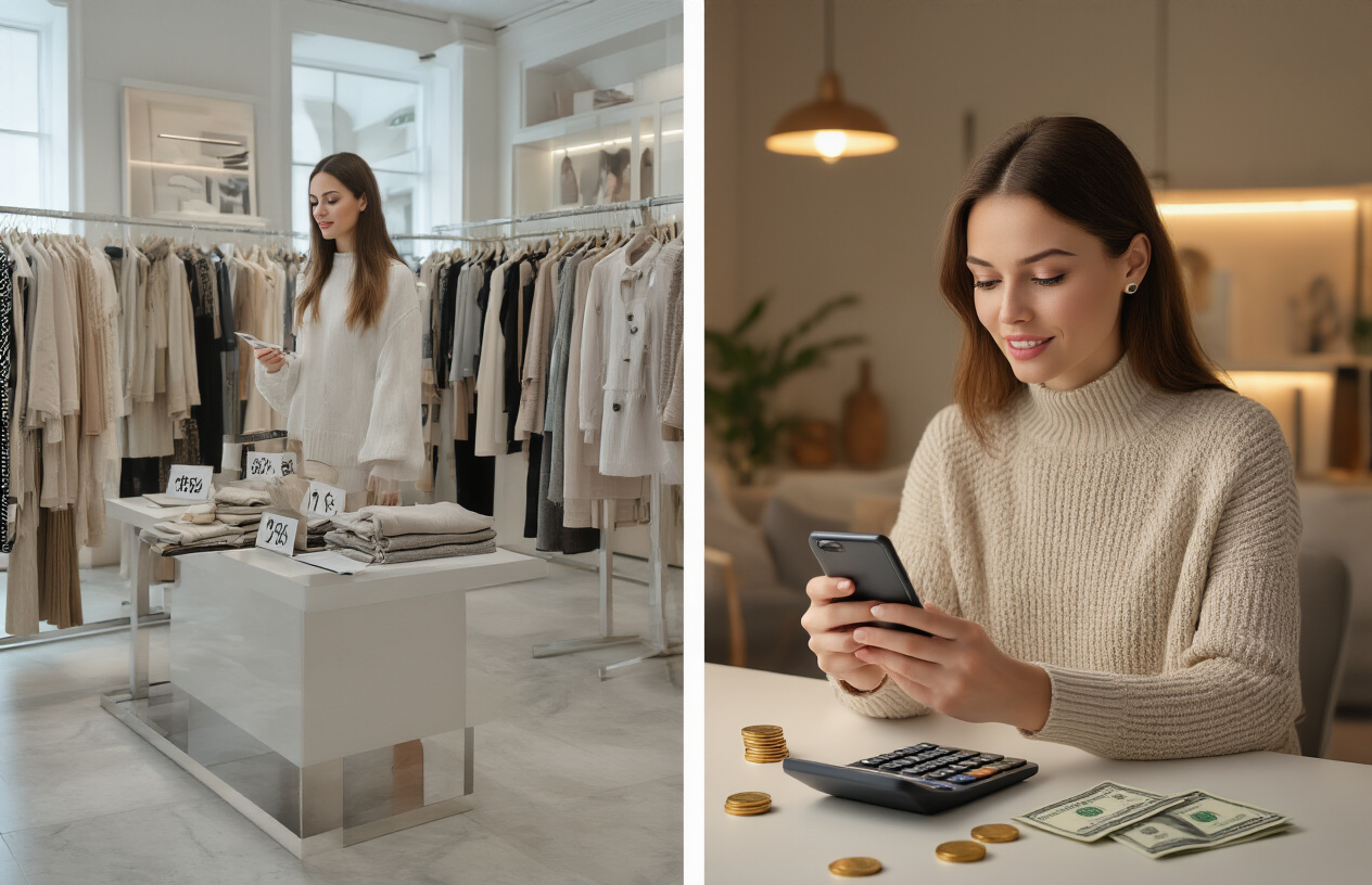 Create a realistic image of a split-screen comparison showing traditional expensive shopping on the left with a white female customer in a high-end boutique surrounded by price tags and expensive clothing racks, and on the right showing the same woman at home using a smartphone with AI digital tailoring interface, with a calculator displaying savings, coins and dollar bills scattered on a modern desk, warm indoor lighting, conveying financial relief and smart shopping transformation, absolutely NO text should be in the scene.