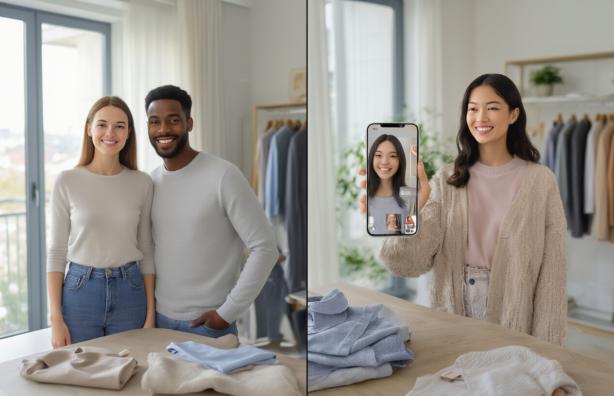 Create a realistic image of a split-screen composition showing before and after scenarios of satisfied customers using AI-tailored clothing service, featuring a diverse group including a white female, black male, and Asian female wearing perfectly fitted garments with happy expressions, standing in a modern home setting with natural lighting from large windows, complemented by subtle visual elements like clothing items and a smartphone displaying a selfie interface, all conveying success and satisfaction with the technology, absolutely NO text should be in the scene.