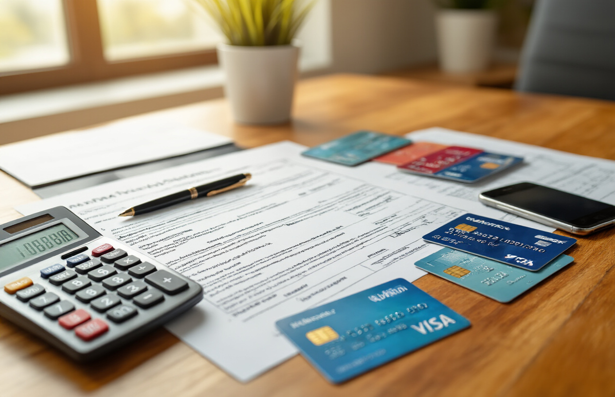 Create a realistic image of multiple financial documents and credit cards spread across a wooden desk surface, including loan application forms, bank statements, and several colorful credit cards, with a calculator, pen, and smartphone displaying a banking app nearby, set in a well-lit home office environment with warm natural lighting from a window, creating a professional yet approachable atmosphere that conveys financial planning and debt management options, absolutely NO text should be in the scene.
