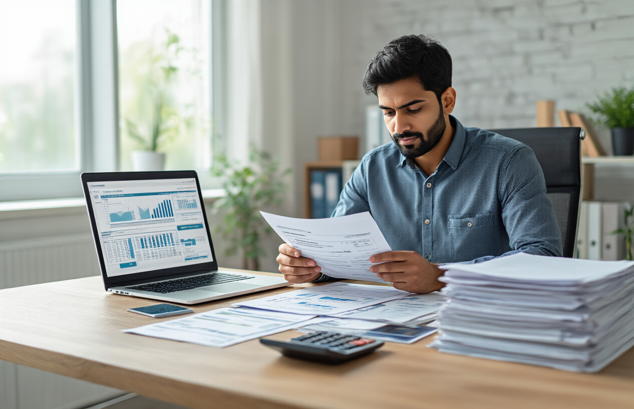 Create a realistic image of an Indian male in his 30s sitting at a modern office desk reviewing financial documents and forms, with a laptop computer open showing spreadsheet data, organized stacks of credit card statements, official bank documents, and a calculator nearby, set in a well-lit contemporary office environment with soft natural lighting from a window, conveying a professional and focused atmosphere of financial planning and documentation review, absolutely NO text should be in the scene.