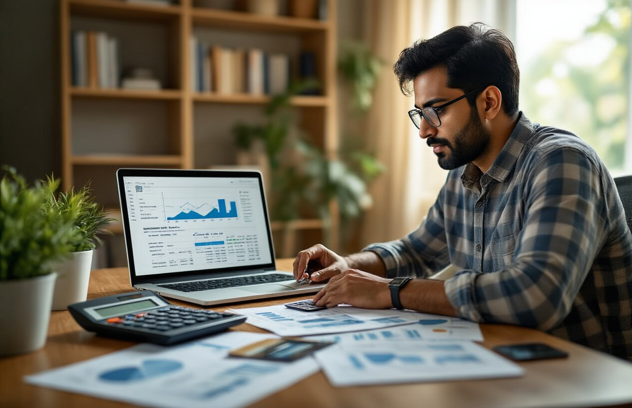 Create a realistic image of an Indian male in his 30s sitting at a modern desk with a calculator, financial documents, and credit cards spread out, surrounded by charts and graphs showing financial calculations, with a laptop displaying spreadsheet data, in a well-lit home office environment with warm natural lighting from a window, conveying a focused and analytical mood as he reviews debt consolidation options, with a clean and organized background featuring bookshelves and plants, absolutely NO text should be in the scene.
