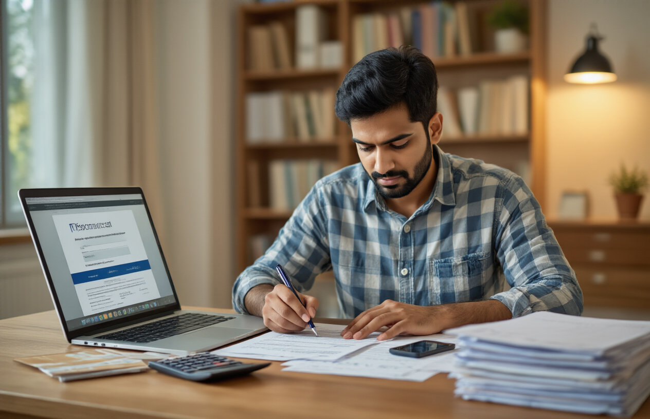 Create a realistic image of an Indian male in his 30s sitting at a clean wooden desk, carefully filling out financial application forms with a pen, with a laptop computer open showing a bank website, organized stacks of credit card statements and documents neatly arranged on the desk, a calculator and smartphone nearby, warm indoor lighting creating a focused and professional atmosphere, modern home office background with bookshelves, absolutely NO text should be in the scene.