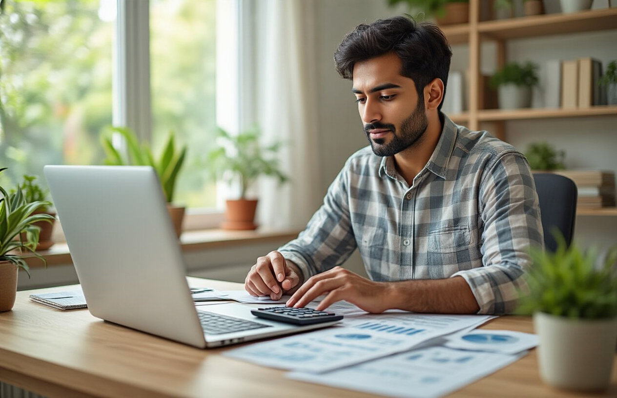 Create a realistic image of an Indian male in his 30s sitting at a clean wooden desk with a laptop open, calculator, and organized financial documents spread out, with a calm and focused expression as he reviews his consolidated finances, surrounded by a bright, organized home office environment with natural lighting from a window, featuring a subtle background with bookshelves and plants, conveying a sense of financial control and successful debt management, absolutely NO text should be in the scene.
