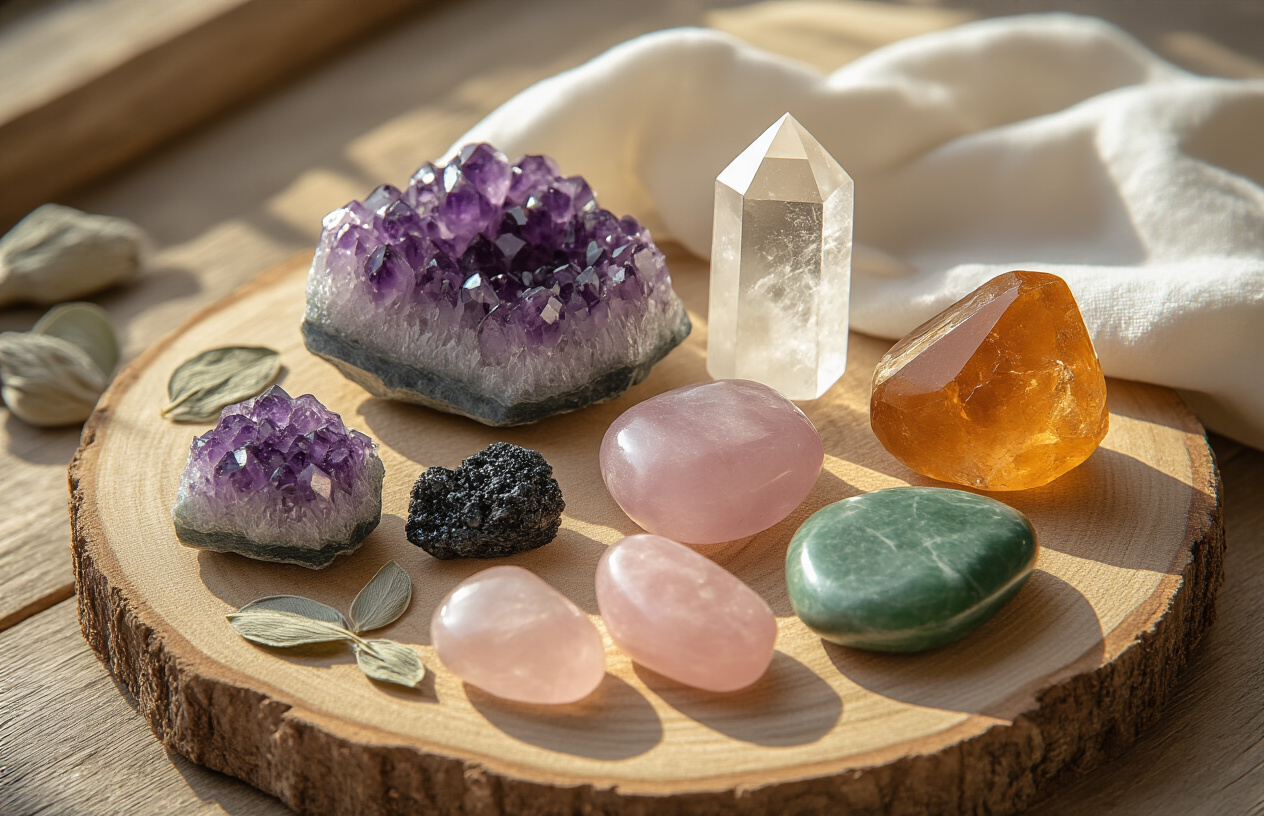 Create a realistic image of a collection of essential healing crystals arranged on a natural wooden surface, featuring amethyst clusters, clear quartz points, rose quartz tumbled stones, black tourmaline raw pieces, citrine points, and green aventurine stones, with soft natural lighting casting gentle shadows, surrounded by a few dried sage leaves and a small white cotton cloth, creating a serene and educational atmosphere that showcases the variety of textures, colors, and formations of beginner-friendly crystals, with warm ambient lighting that enhances the natural beauty and translucent qualities of the stones, absolutely NO text should be in the scene.