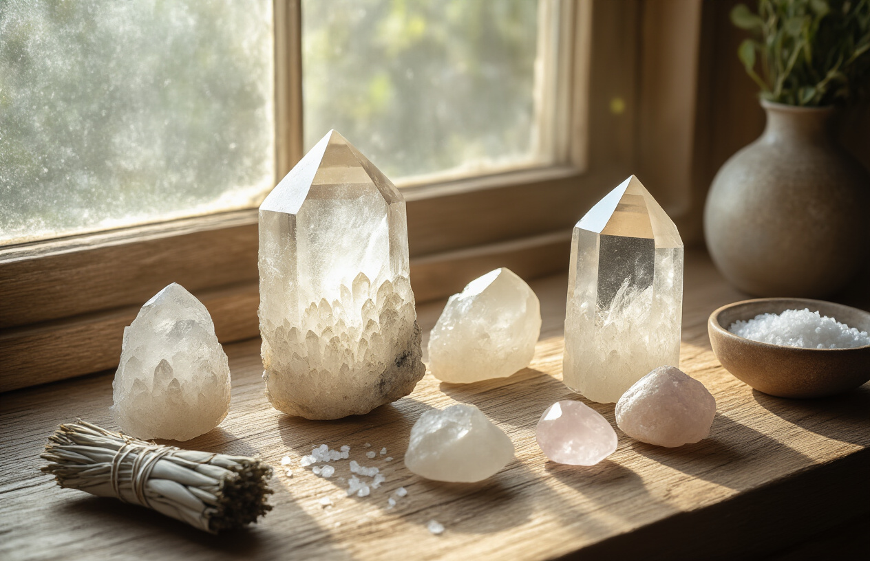 Create a realistic image of various crystals in different states of cleanliness and energy depletion, including some dull, cloudy gemstones alongside bright, clear ones on a wooden surface, with soft natural lighting streaming through a window, showing the contrast between crystals that need cleansing and those that are energetically clear, surrounded by subtle elements like sage bundles and a small bowl of salt in the background, capturing a serene and mystical atmosphere that suggests crystal maintenance and care, absolutely NO text should be in the scene.
