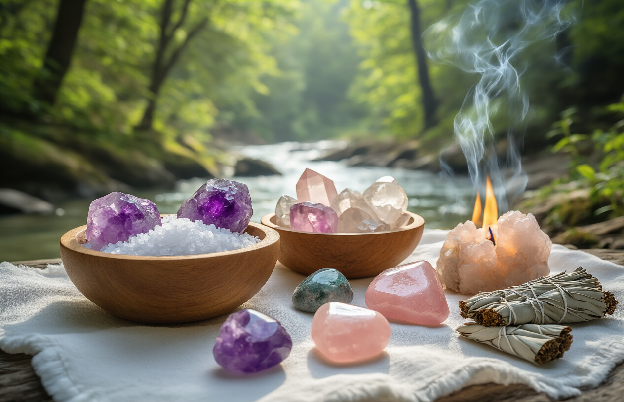 Create a realistic image of various colorful crystals including amethyst, quartz, and rose quartz being cleansed using multiple methods - some crystals placed in a wooden bowl filled with sea salt, others positioned under flowing clear water from a natural stream, and additional crystals arranged on a white cloth near burning sage with gentle smoke wisps, set against a serene natural outdoor background with soft natural lighting filtering through trees, creating a peaceful and spiritual atmosphere, Absolutely NO text should be in the scene.