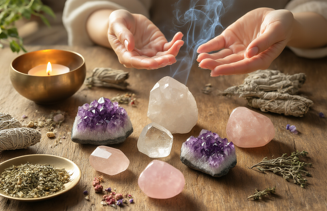 Create a realistic image of various crystals including amethyst, clear quartz, and rose quartz arranged on a wooden surface with a white female's hands gently hovering above them in a meditative gesture, soft candlelight illuminating the scene from the side, creating warm golden shadows, with sage smoke gently wafting through the air, dried herbs and a small singing bowl visible in the background, conveying a peaceful and intentional energy charging ritual atmosphere, absolutely NO text should be in the scene.