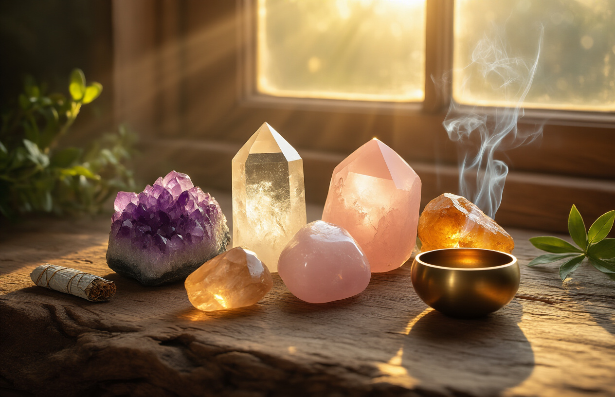 Create a realistic image of several colorful crystals including amethyst, clear quartz, rose quartz, and citrine arranged on a natural wooden surface, with soft golden sunlight streaming through a window creating gentle highlights and shadows on the crystals, some crystals positioned near burning sage with wisps of smoke gently rising, a small singing bowl beside the crystals, warm ambient lighting suggesting dawn or dusk, peaceful and spiritual atmosphere with natural elements like small plants or leaves in the background, absolutely NO text should be in the scene.