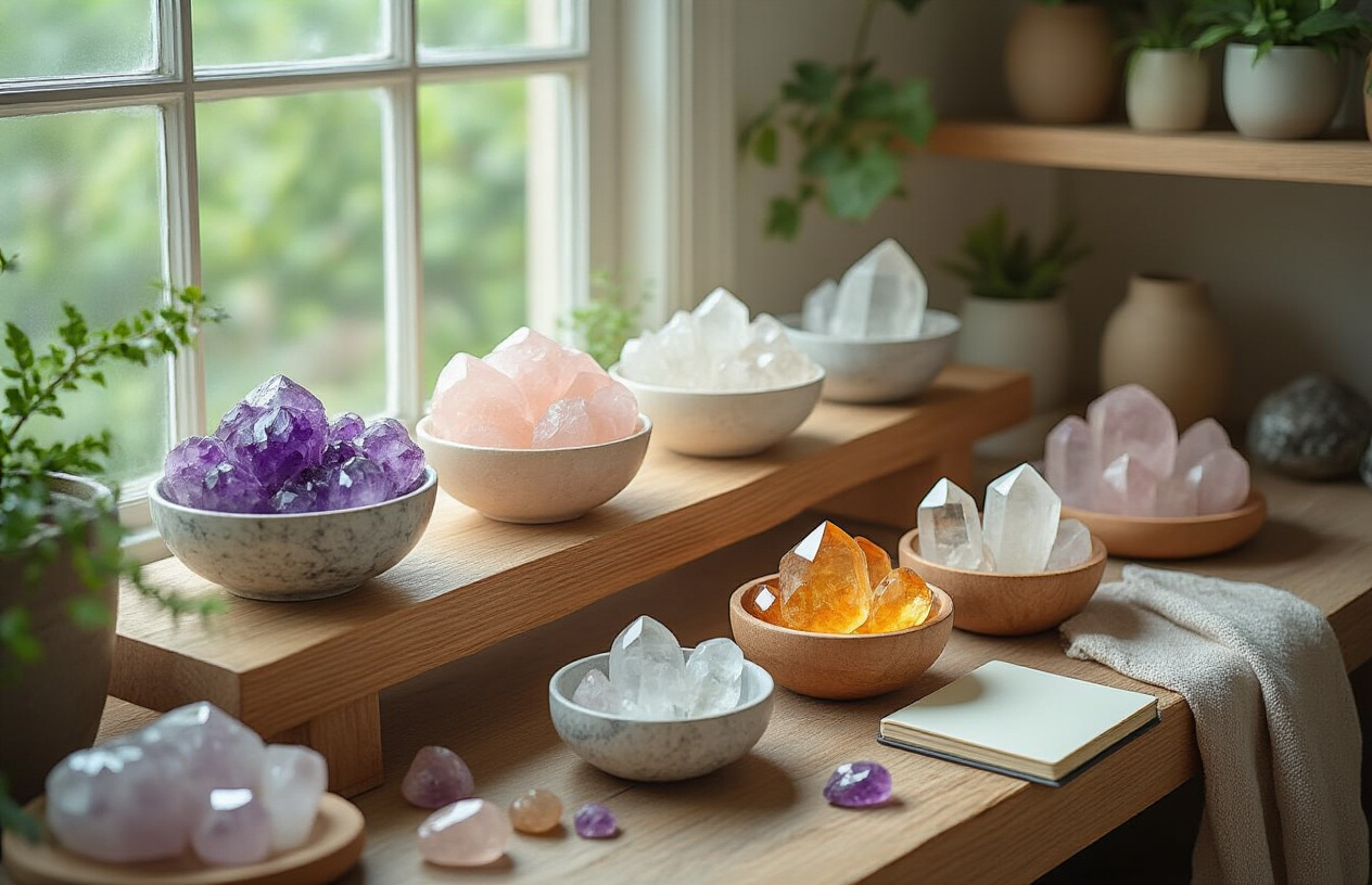 Create a realistic image of a well-organized crystal collection displayed on a wooden shelf with various healing crystals including amethyst, rose quartz, clear quartz, and citrine stones arranged neatly in small bowls and stands, with a soft cloth nearby for cleaning, gentle natural lighting filtering through a window creating a peaceful ambiance, and a small notebook for tracking crystal care routines placed beside the collection, showing a maintained and cherished crystal setup for long-term use, absolutely NO text should be in the scene.