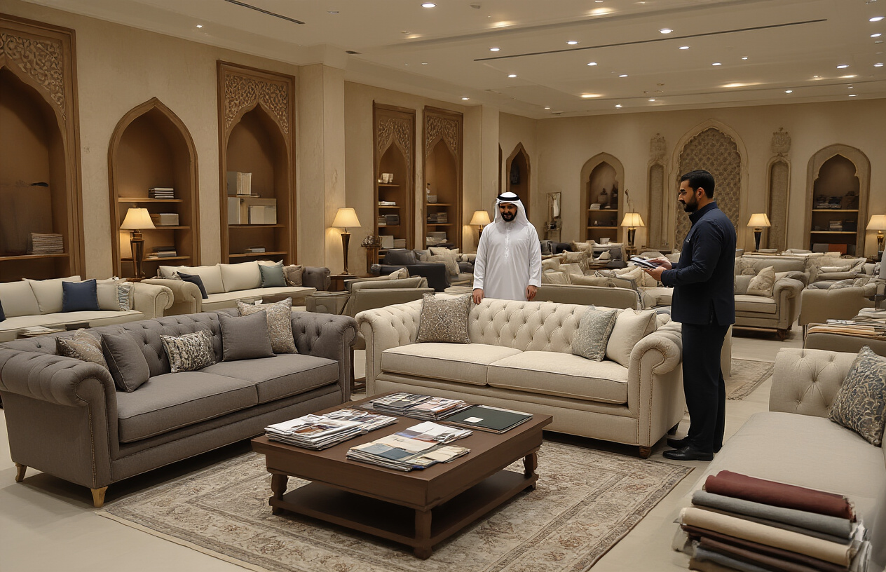 Create a realistic image of a modern furniture showroom in Riyadh displaying various custom-made sofas and couches in different styles, colors and fabrics, with a Middle Eastern male customer examining upholstery samples while a Middle Eastern male salesperson provides consultation, featuring elegant Arabic-style seating arrangements, fabric swatches on display tables, warm showroom lighting, and traditional Saudi interior design elements in the background, absolutely NO text should be in the scene.