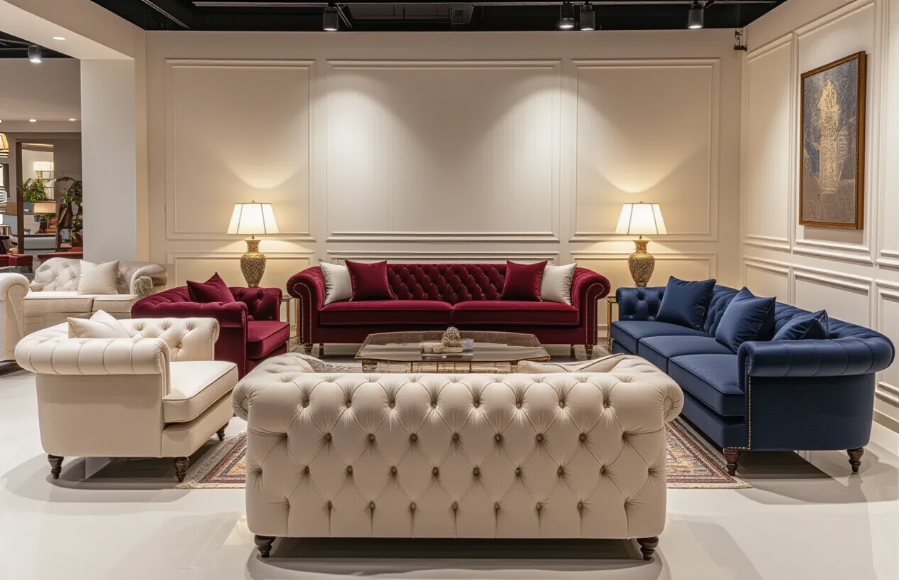Create a realistic image of a beautifully furnished living room showcasing various custom-made sofas and couches in different styles including modern sectional sofas, traditional Arabic majlis seating, and elegant leather armchairs, all arranged in a sophisticated showroom setting with premium fabrics in rich colors like deep burgundy, navy blue, and cream, featuring different textures including velvet, leather, and high-quality upholstery materials, with soft warm lighting highlighting the craftsmanship and details of the furniture pieces, set against a clean modern interior background with neutral walls and polished floors, creating an atmosphere of luxury and quality craftsmanship that represents the conclusion of a comprehensive guide about custom sofa tailoring services, absolutely NO text should be in the scene.