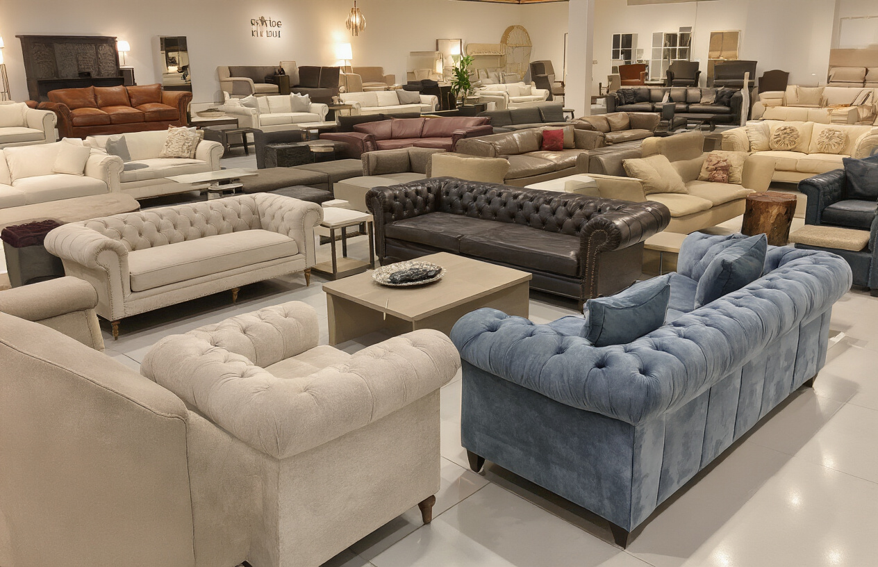 Create a realistic image of various types of sofas and couches arranged in an elegant furniture showroom setting, featuring different styles including modern sectional sofas, classic three-seater couches, L-shaped corner sofas, and armchairs in various colors and fabrics like leather, velvet, and linen, displayed on polished floors with warm ambient lighting, clean white walls, and minimal decor to showcase the furniture pieces clearly, absolutely NO text should be in the scene.