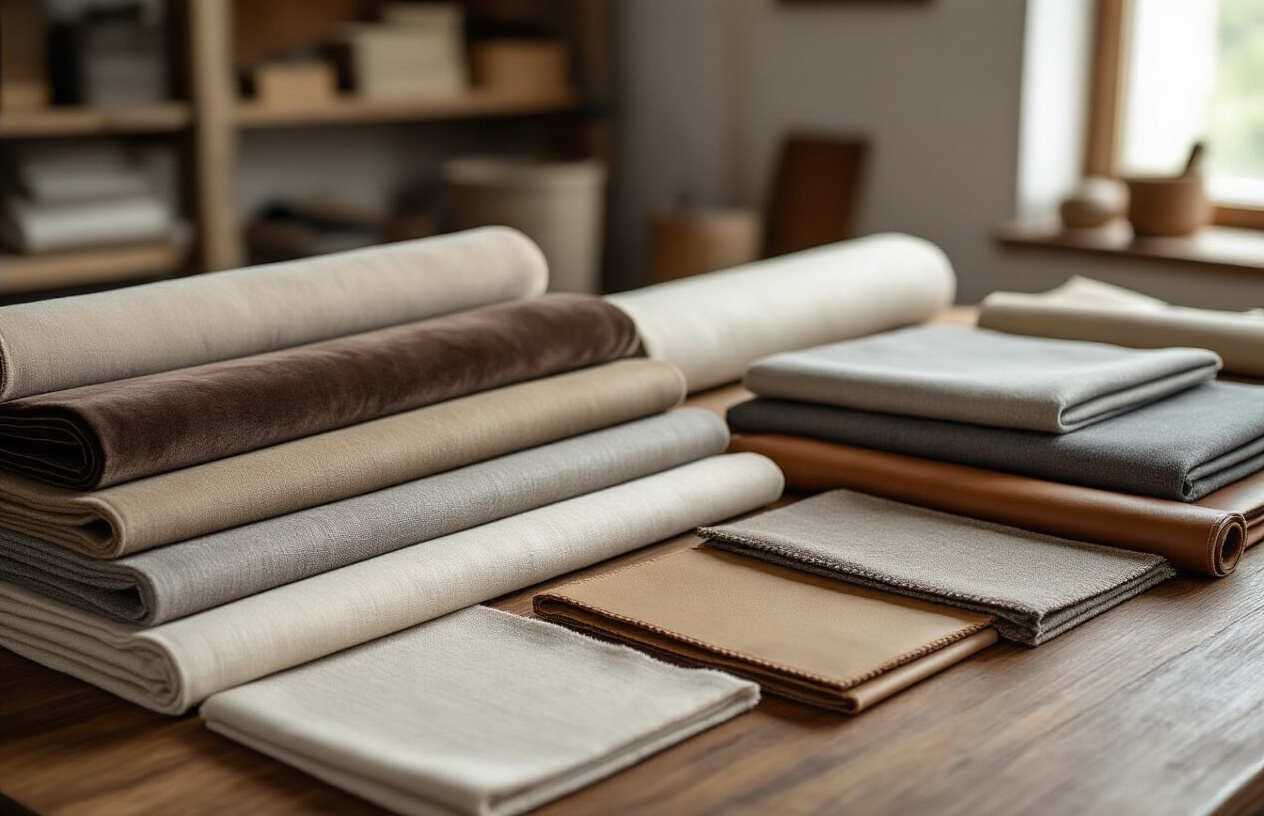 Create a realistic image of various high-quality fabric and leather samples arranged on a wooden table, featuring different textures including velvet, linen, cotton, microfiber, genuine leather, and faux leather swatches in neutral colors like beige, brown, gray, and cream, with some fabric rolls partially unrolled in the background, soft natural lighting from a window creating gentle shadows, clean modern interior setting with blurred furniture workshop tools in the background, professional upholstery workspace atmosphere, absolutely NO text should be in the scene.