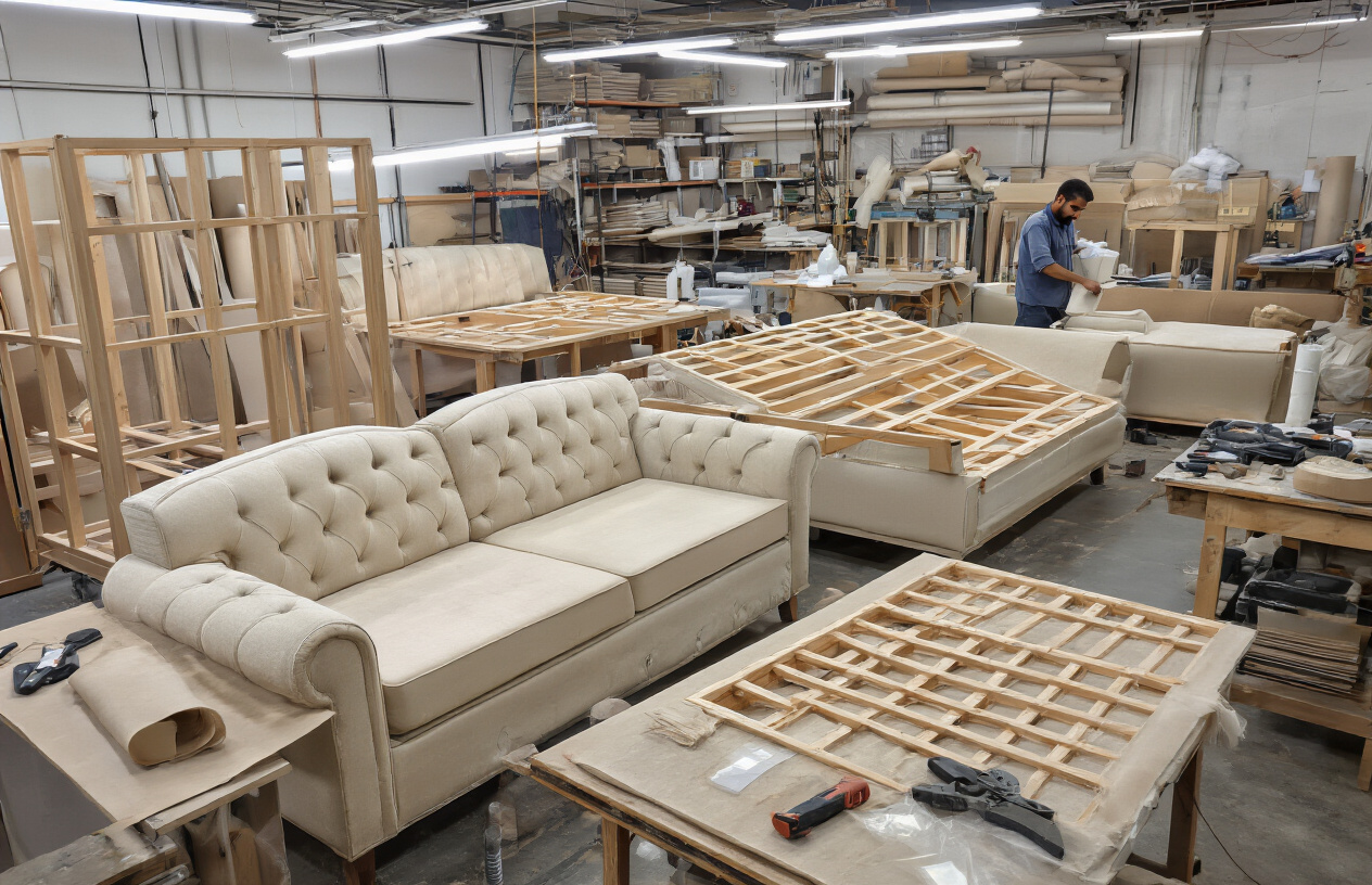 Create a realistic image of a step-by-step sofa manufacturing process showing multiple stages in sequence: raw wooden frame construction, spring installation, padding and foam application, fabric cutting and measuring, upholstery work, and final finishing touches, arranged in a professional furniture workshop with proper lighting, tools scattered on workbenches, fabric rolls in the background, and a Middle Eastern male craftsman working on one of the pieces, absolutely NO text should be in the scene.